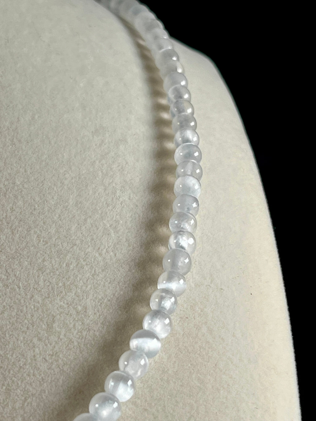 Selenite smooth round 4mm bead silver clasp & extension chain 22” adjustable necklace