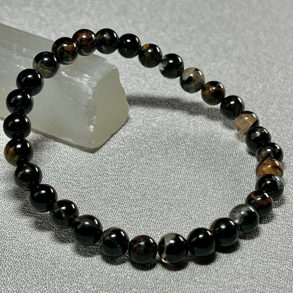 Sunset Black Tourmaline smooth round 6mm bead stretch bracelet; Tourmaline October birthstone