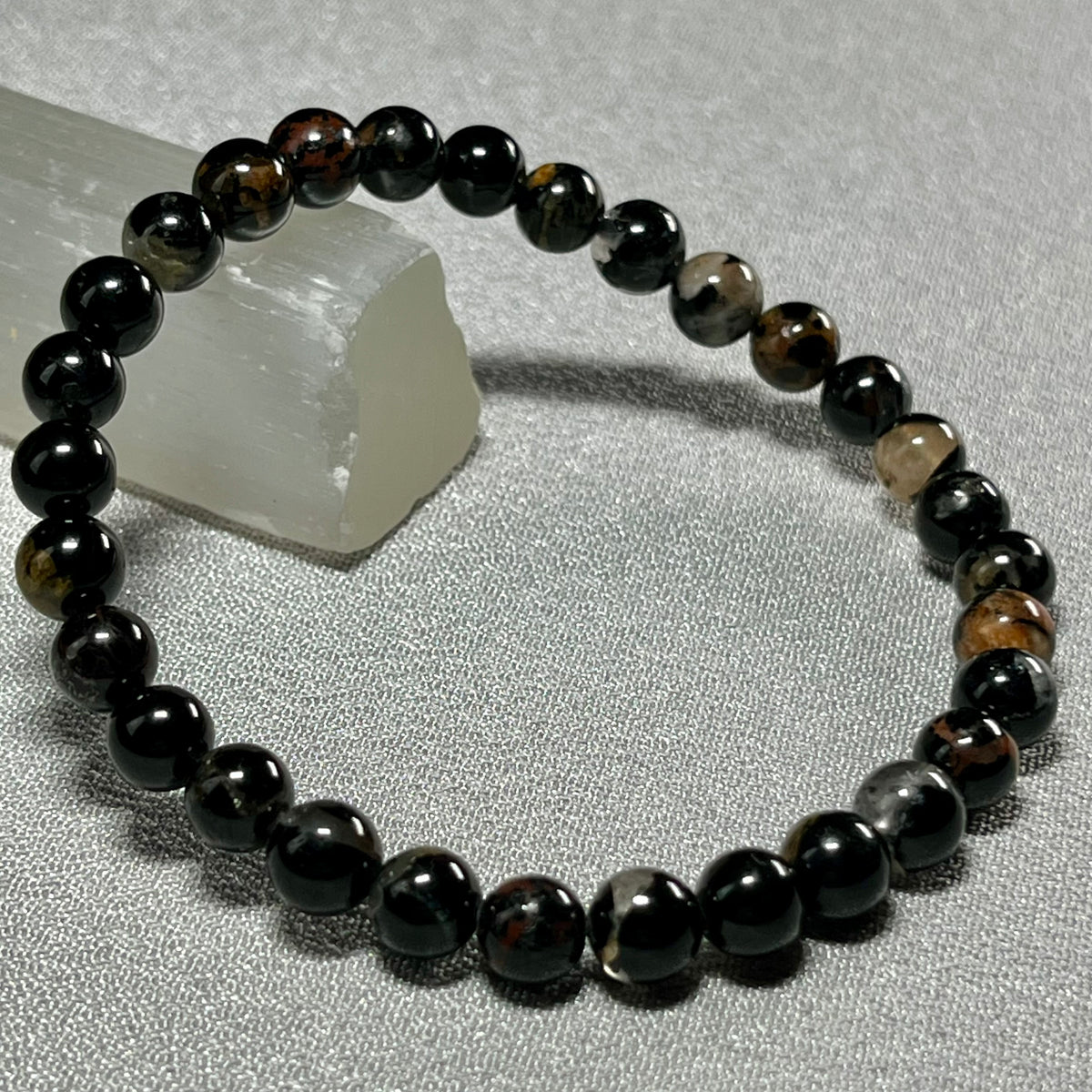 Sunset Black Tourmaline smooth round 6mm bead stretch bracelet; Tourmaline October birthstone