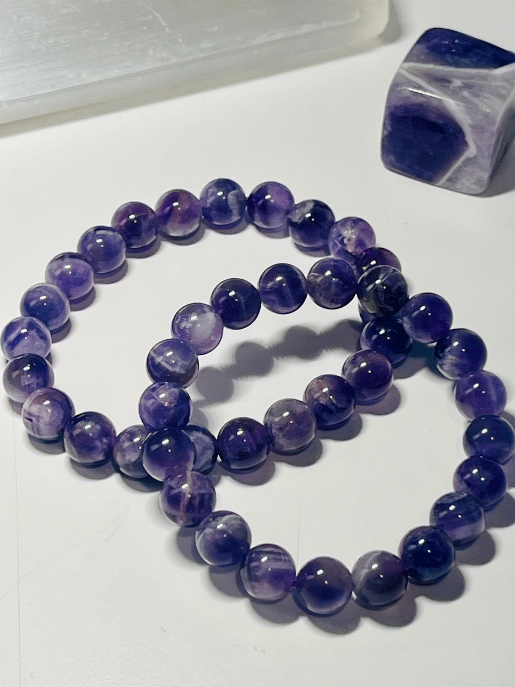 Chevron Amethyst smooth round 8mm bead stretch bracelet; February birthstone