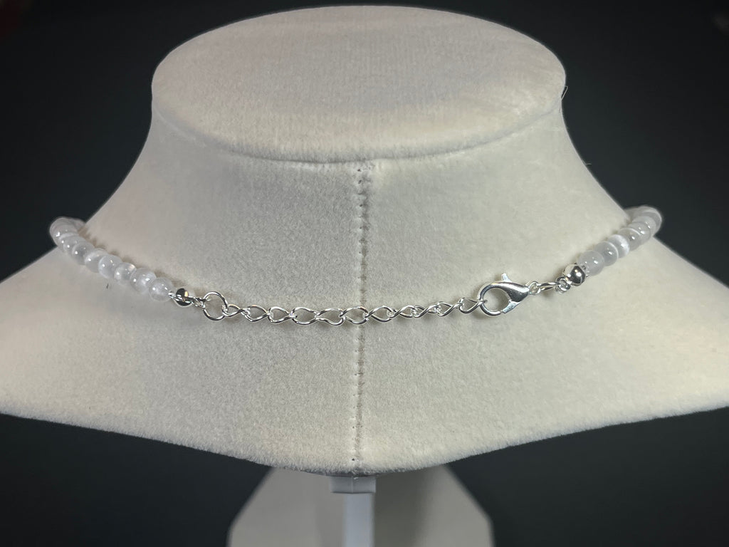 Selenite smooth round 4mm bead silver clasp necklace (premium grade)