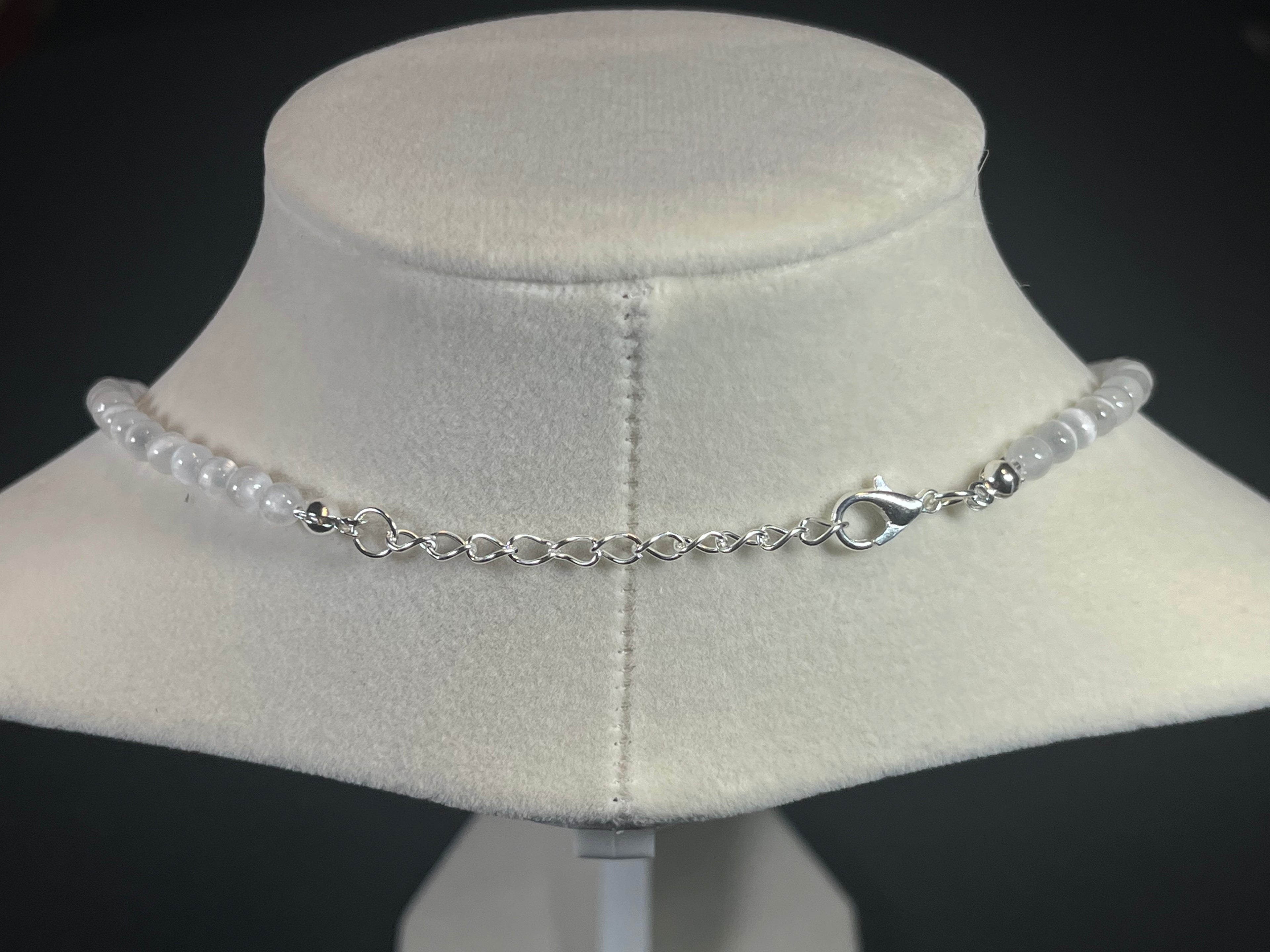 Selenite smooth round 4mm bead silver clasp necklace (premium grade)