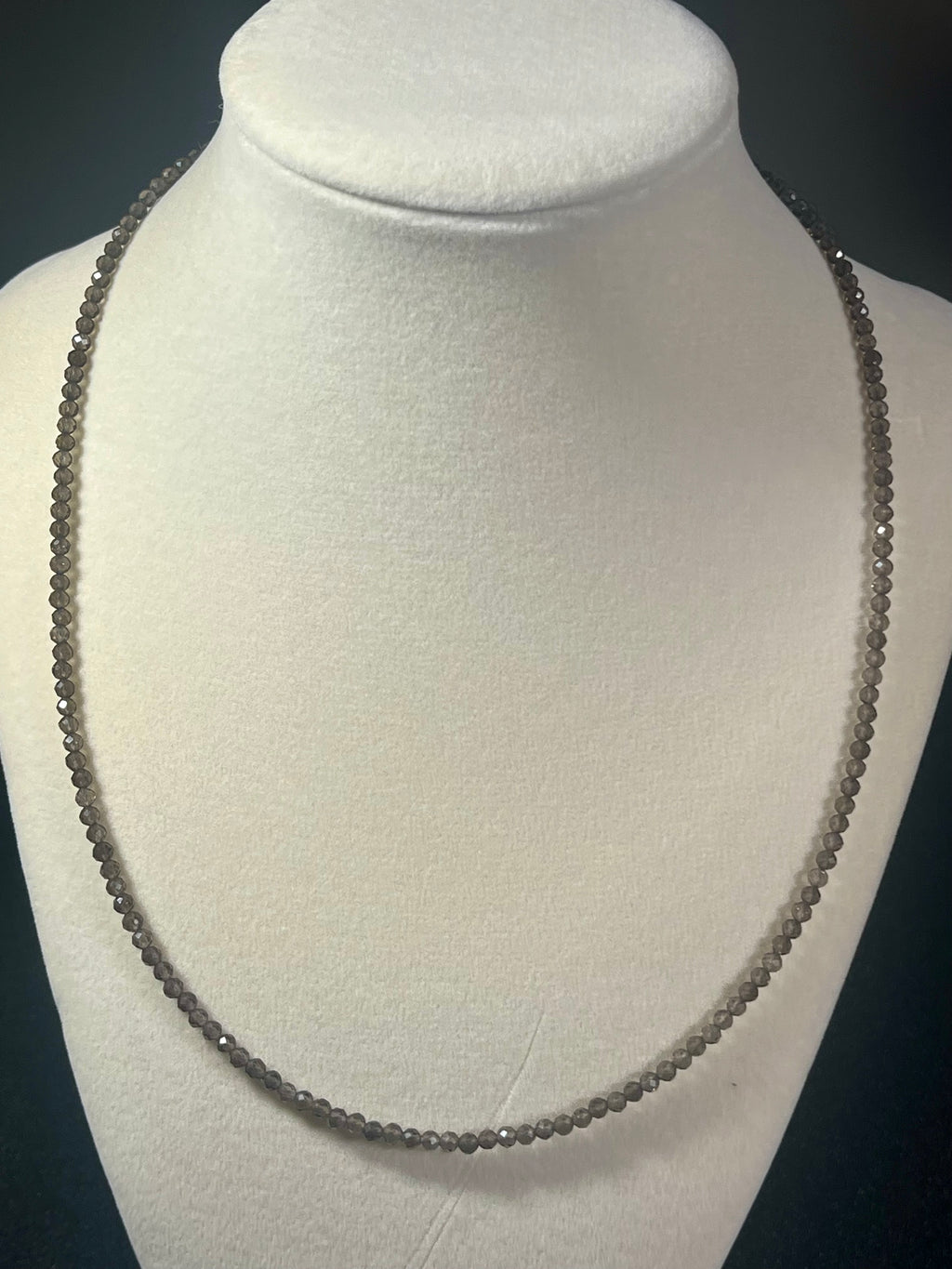 Smoky Quartz microfaceted round 3mm bead silver clasp necklace (premium grade)