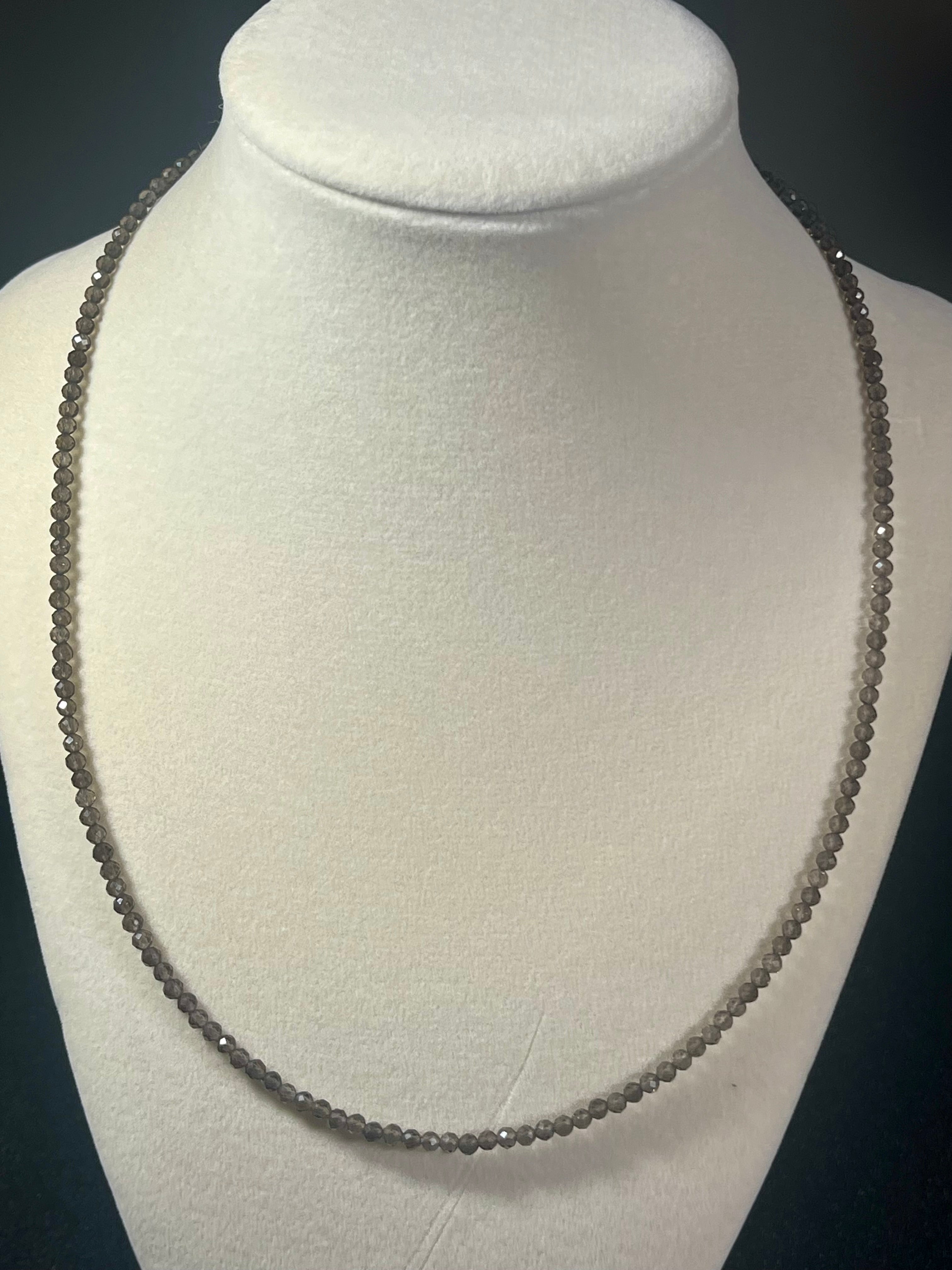 Smoky Quartz microfaceted round 3mm bead silver clasp necklace (premium grade)
