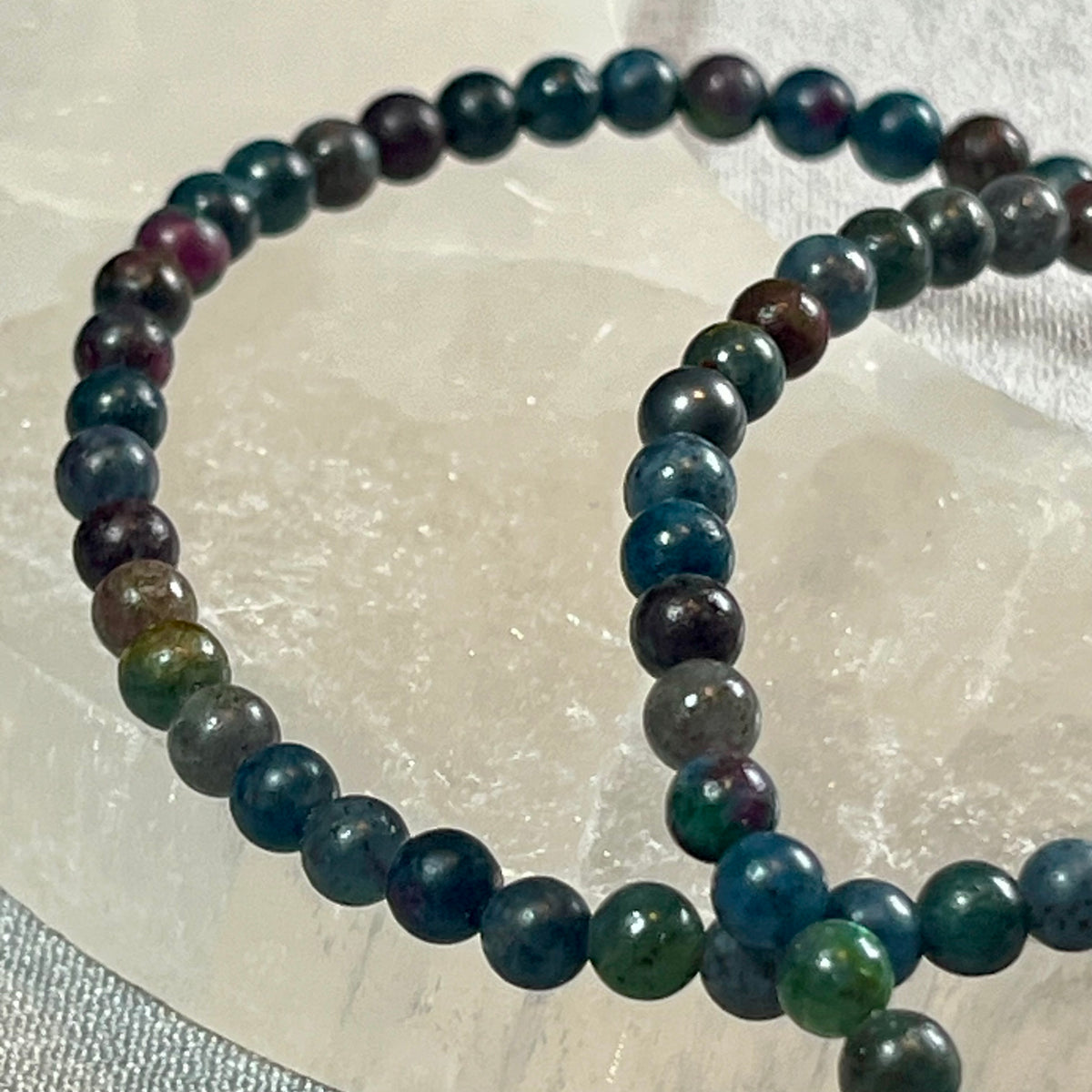 Ruby Kyanite smooth round small 4mm bead stretch bracelet; Ruby- traditional July birthstone
