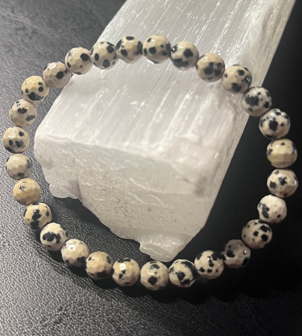 Dalmatian Jasper faceted round 6mm bead stretch bracelet