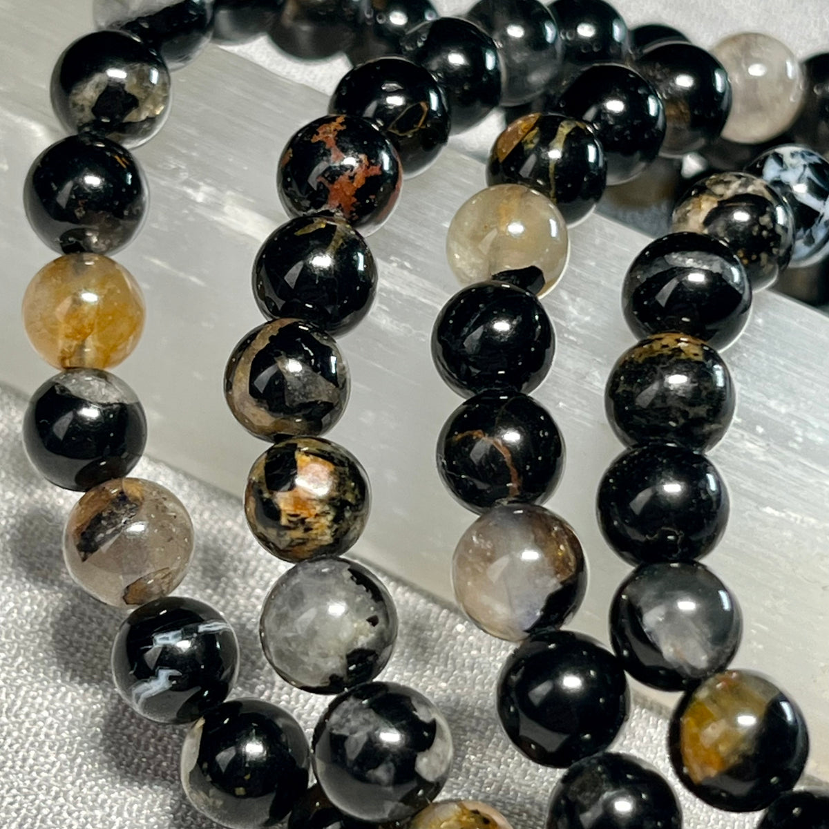 Sunset Black Tourmaline smooth round 6mm bead stretch bracelet; Tourmaline October birthstone