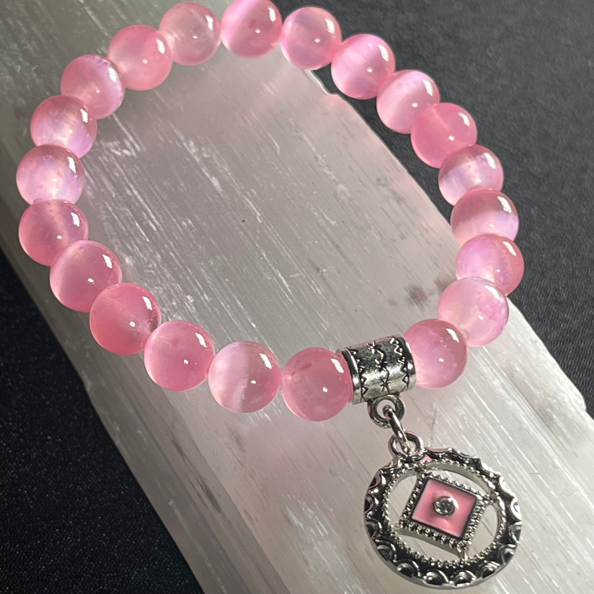 Pink Selenite smooth round 8mm bead w/ pink-in-silver Narcotics Anonymous symbol charm recovery bracelet