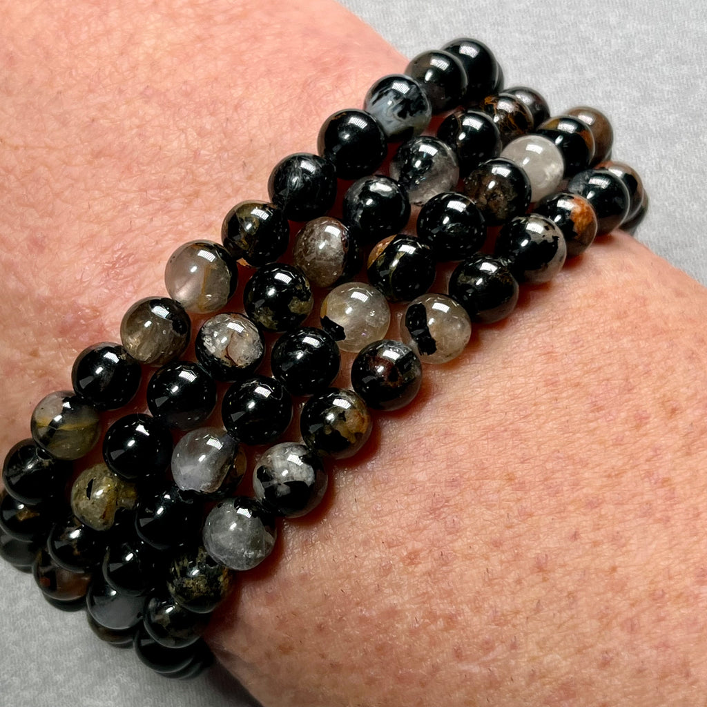 Sunset Black Tourmaline smooth round 6mm bead stretch bracelet; Tourmaline October birthstone
