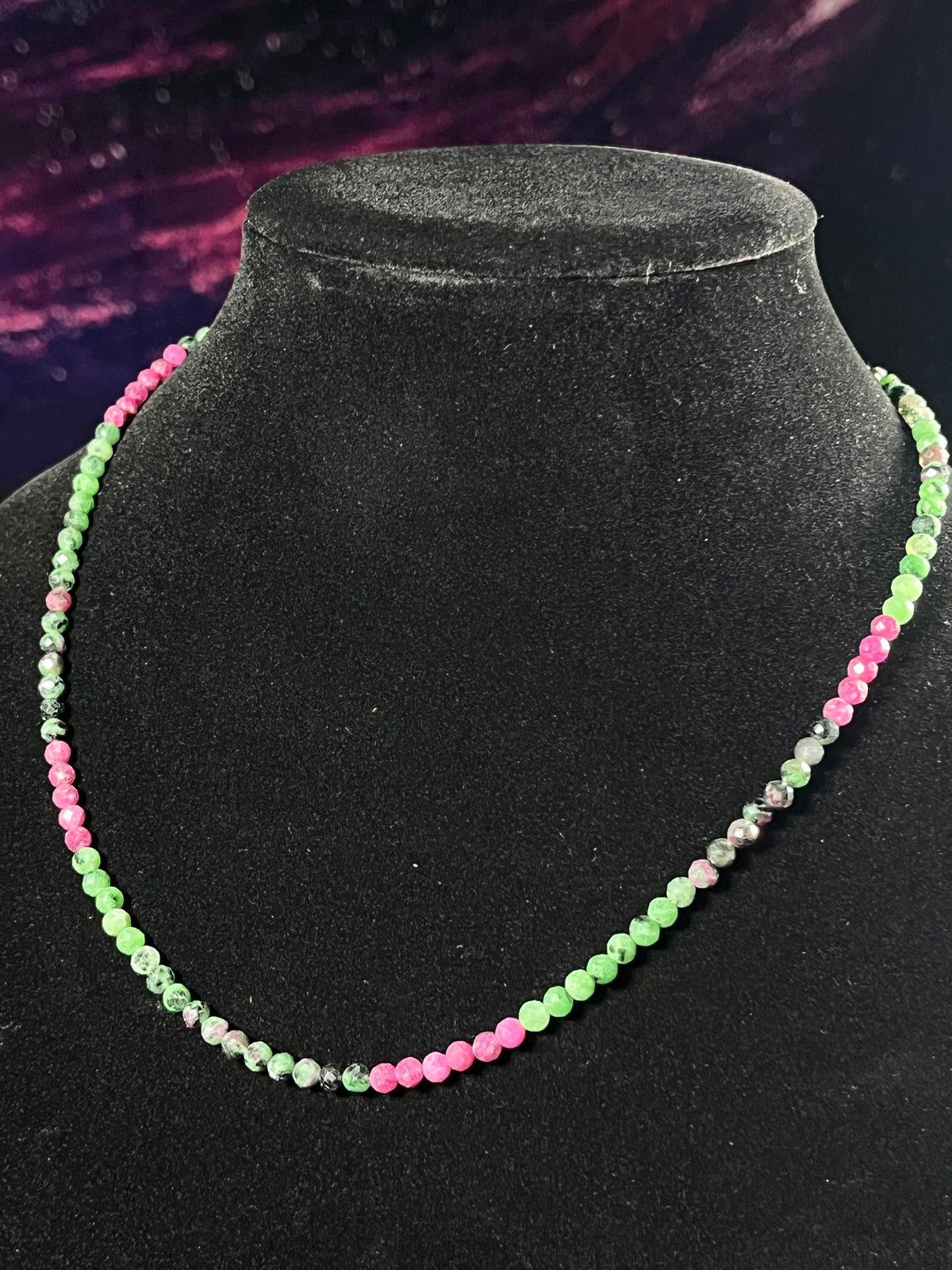 Ruby Zoisite ombre style faceted round 4mm bead 22” adjustable necklace w/ silver clasp & extension chain; traditional July birthstone (Ruby)
