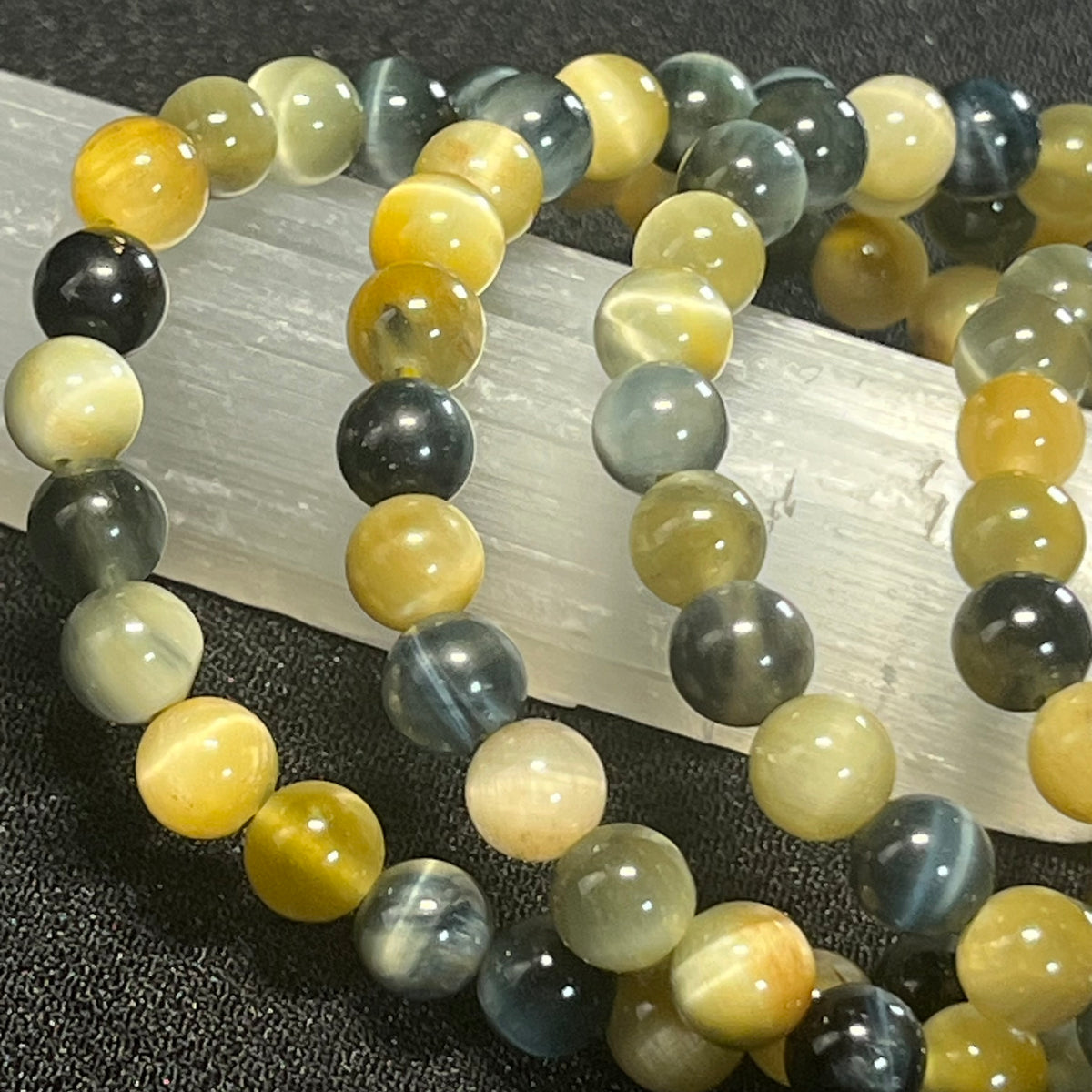 Blue & Golden Tiger’s Eye smooth round 4mm, 6mm, and 8mm bead stretch bracelet