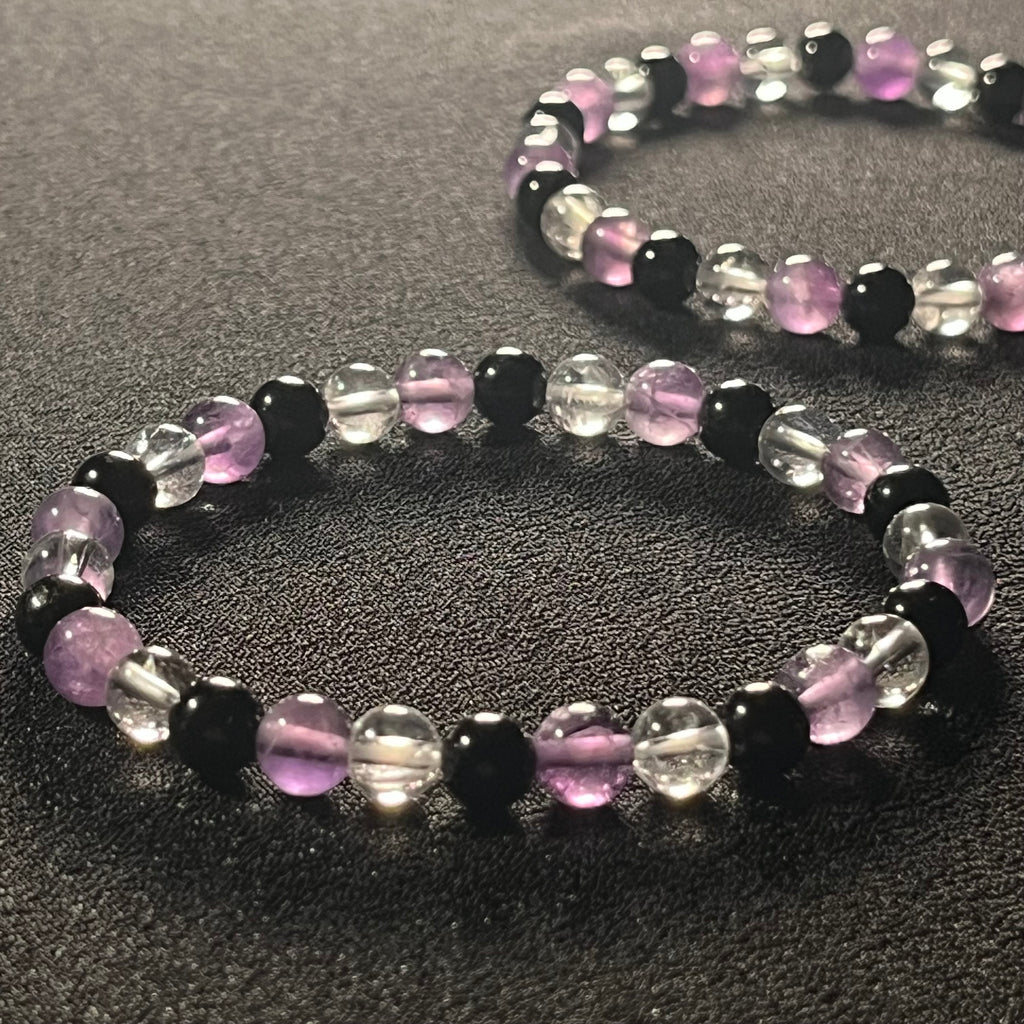 Amethyst, Black Tourmaline, & Rock Crystal Quartz smooth round 6mm bead stretch bracelet