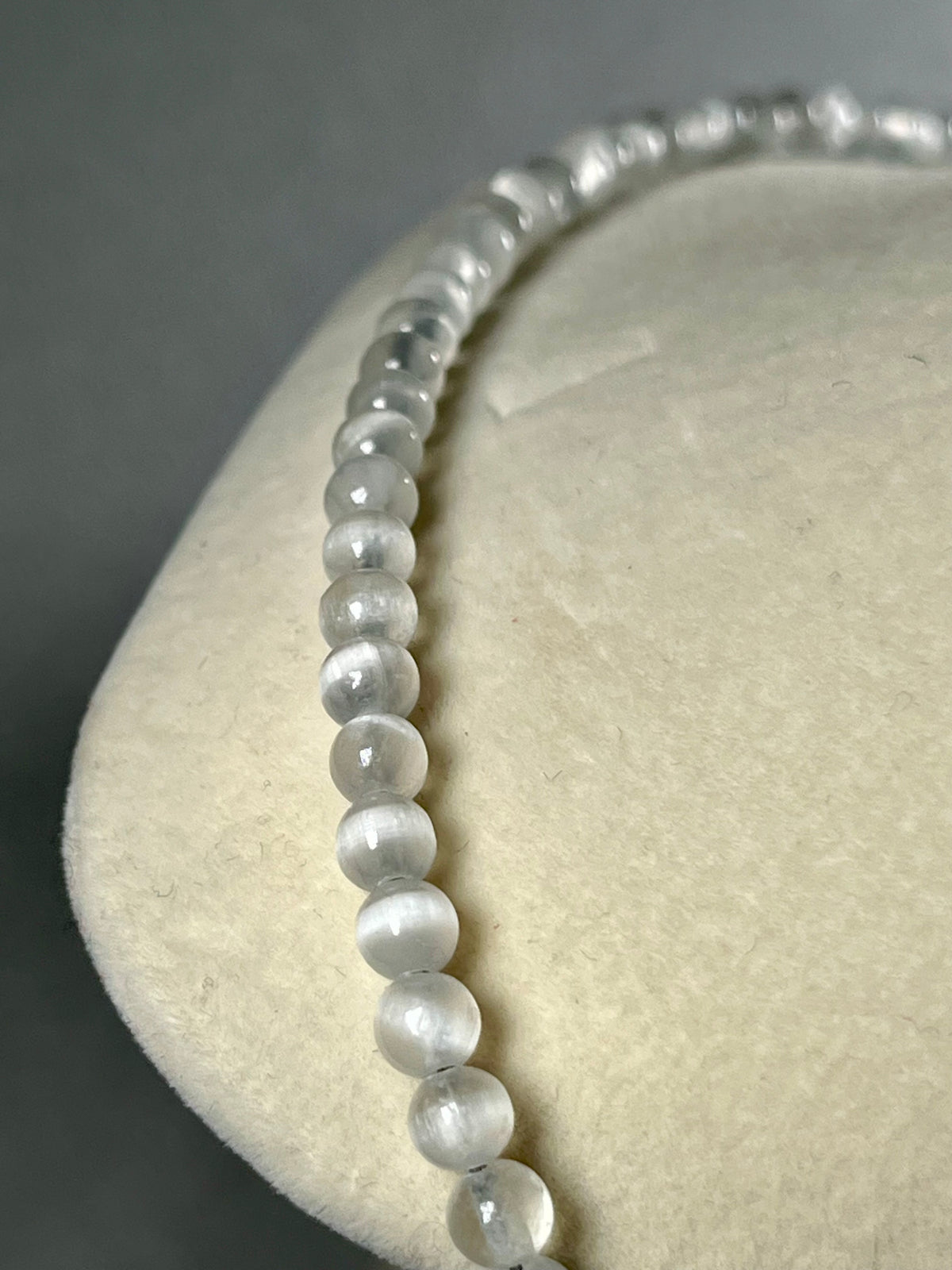 Selenite smooth round 4mm bead silver clasp & extension chain 22” adjustable necklace