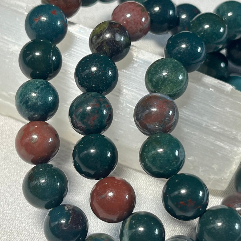 Bloodstone (Heliotrope) smooth round 6mm and 8mm bead stretch bracelet; alternative March birthstone