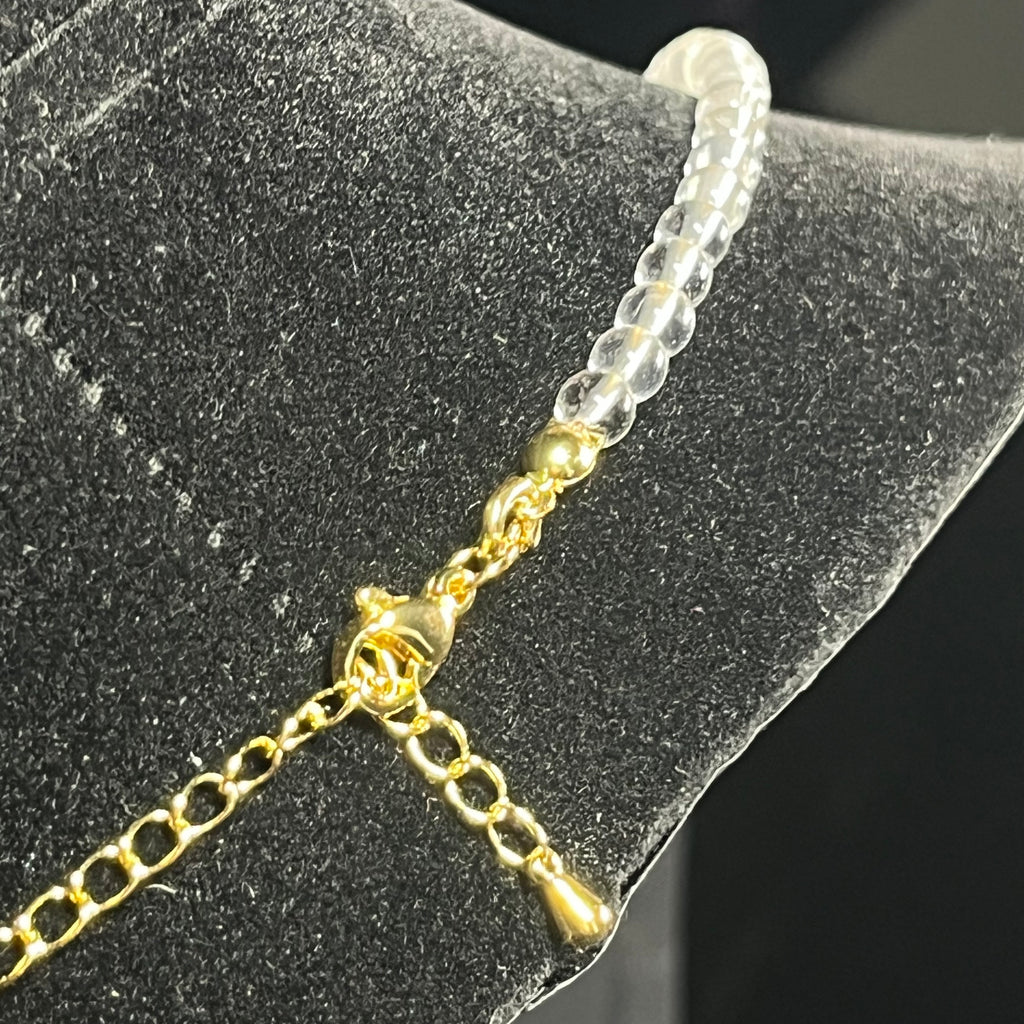 Clear Crystal Quartz smooth round 4mm bead 21” adjustable necklace w/ 18k gold clasp & extension chain; April birthstone (premium grade)
