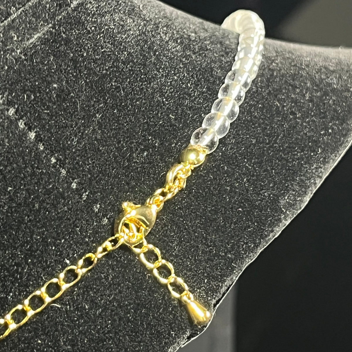 Clear Crystal Quartz smooth round 4mm bead 21” adjustable necklace w/ 18k gold clasp & extension chain; April birthstone (premium grade)