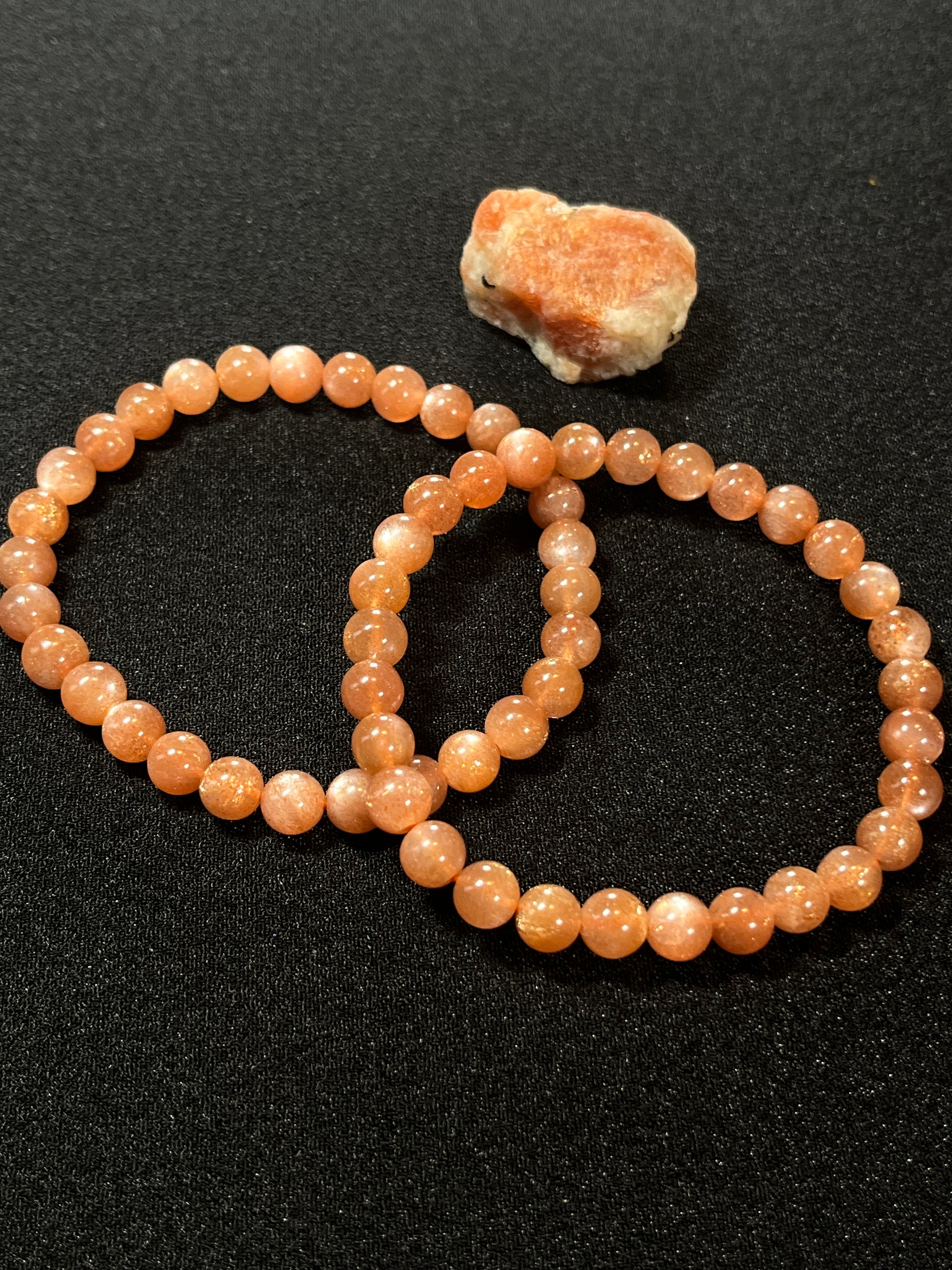 Sunstone smooth round 6mm bead w/ Moonstone adularescence flash stretch bracelet (AAA grade)