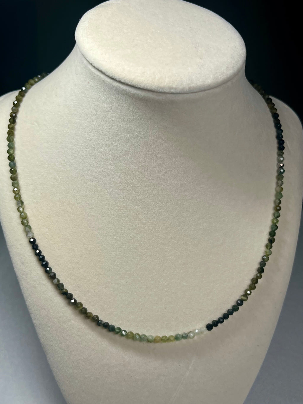Green Tourmaline ombre-style microfaceted 3mm bead silver clasp adjustable necklace; October birthstone (Tourmaline)