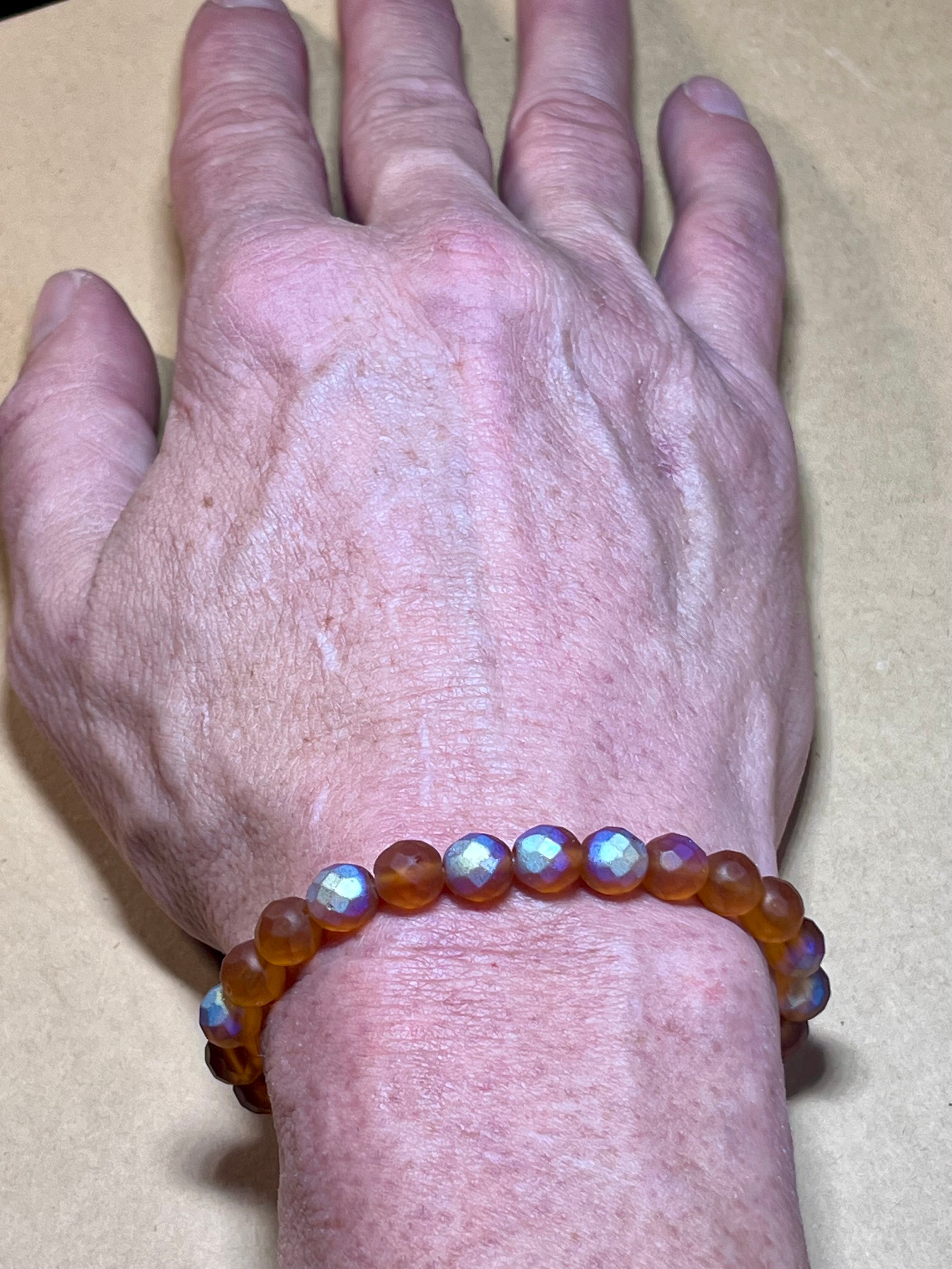 Czech Glass Matte Pumpkin AB Fire Polished faceted round 8mm bead stretch bracelet