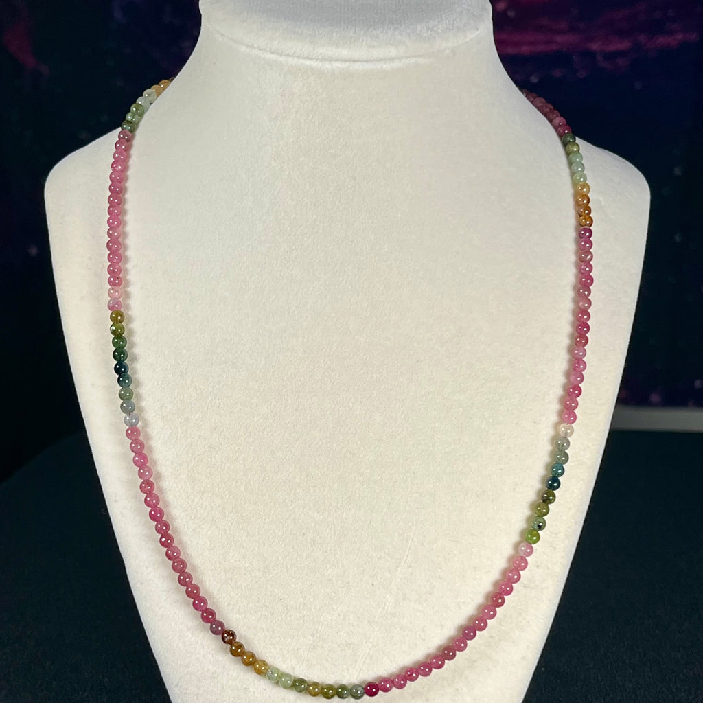 Multi Tourmaline ombre-style smooth round 4mm bead 23” necklace w/ 18k gold clasp & adjustable extension chain (premium grade); October birthstone