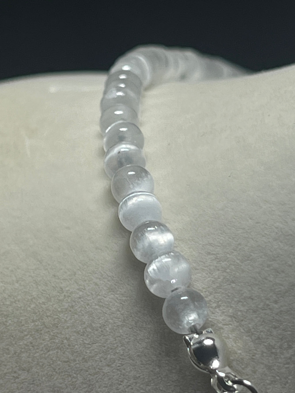 Selenite smooth round 4mm bead silver clasp necklace (premium grade)