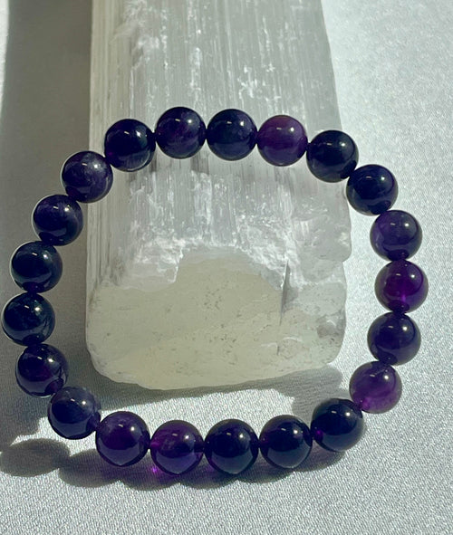 Amethyst (dark) smooth round 6mm, 8mm bead stretch bracelet; February birthstone