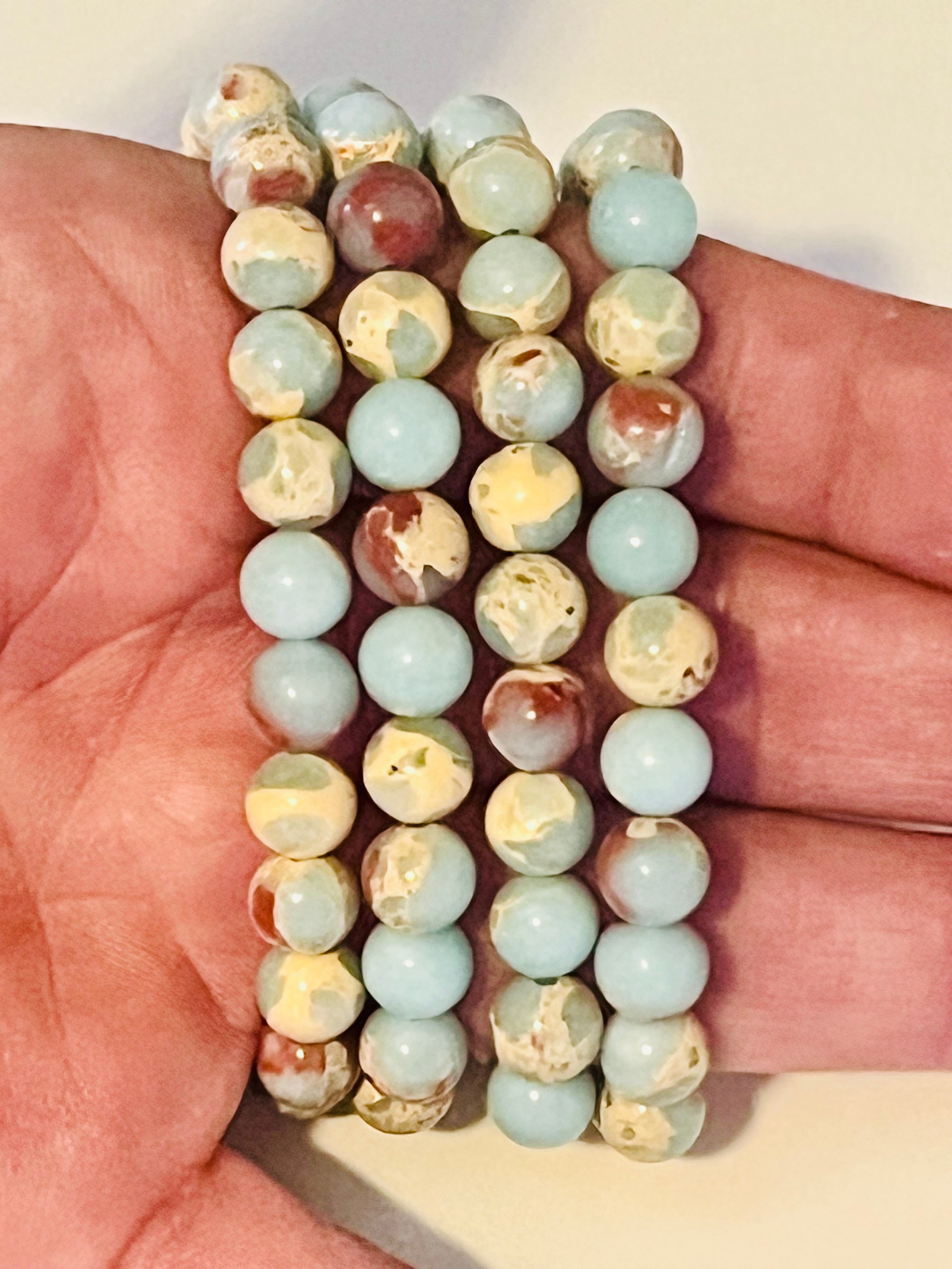 Icy Blue Aqua Terra Jasper smooth round 8mm bead stretch bracelet (dyed)