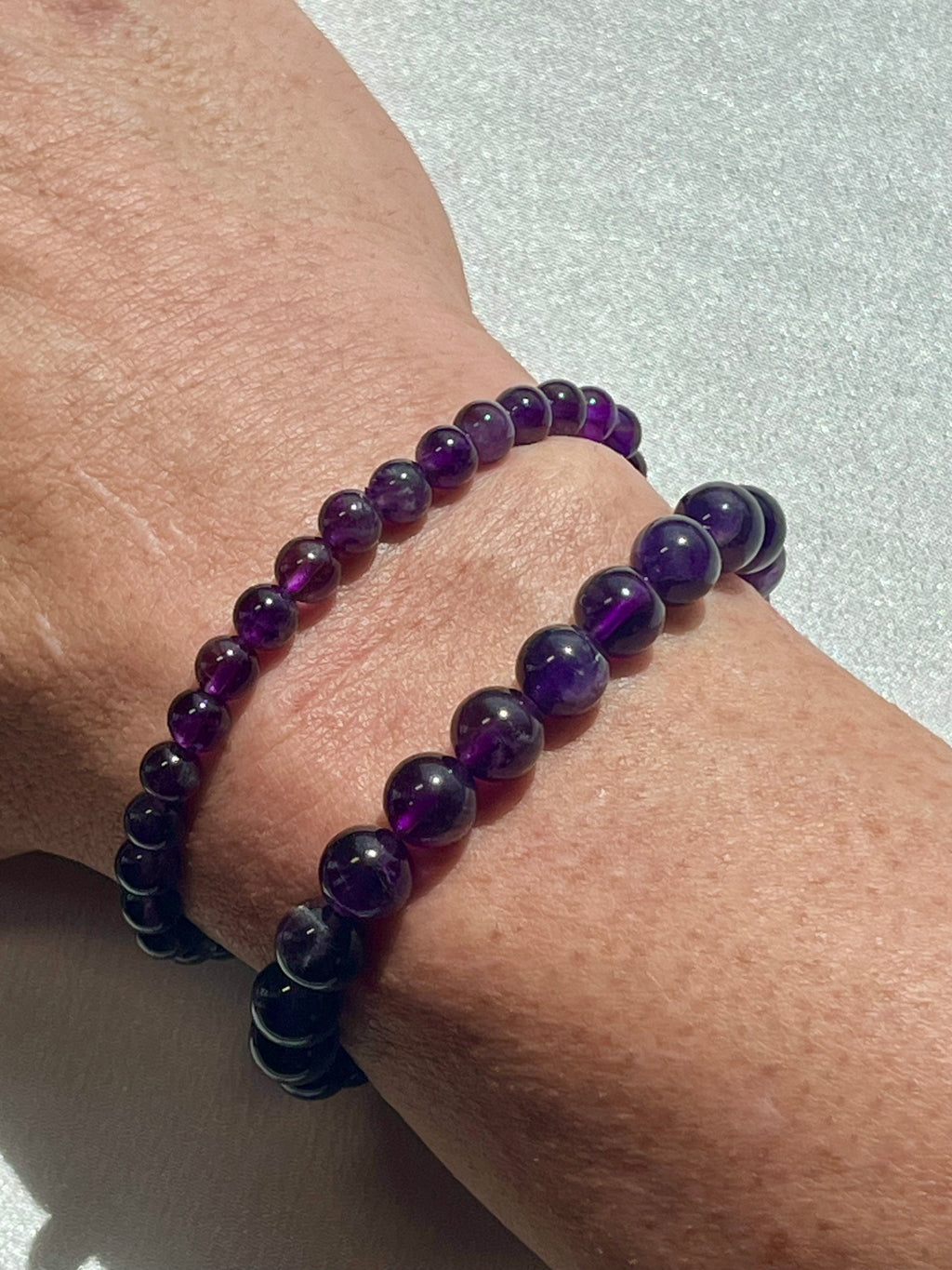 Amethyst (dark) smooth round 6mm, 8mm bead stretch bracelet; February birthstone