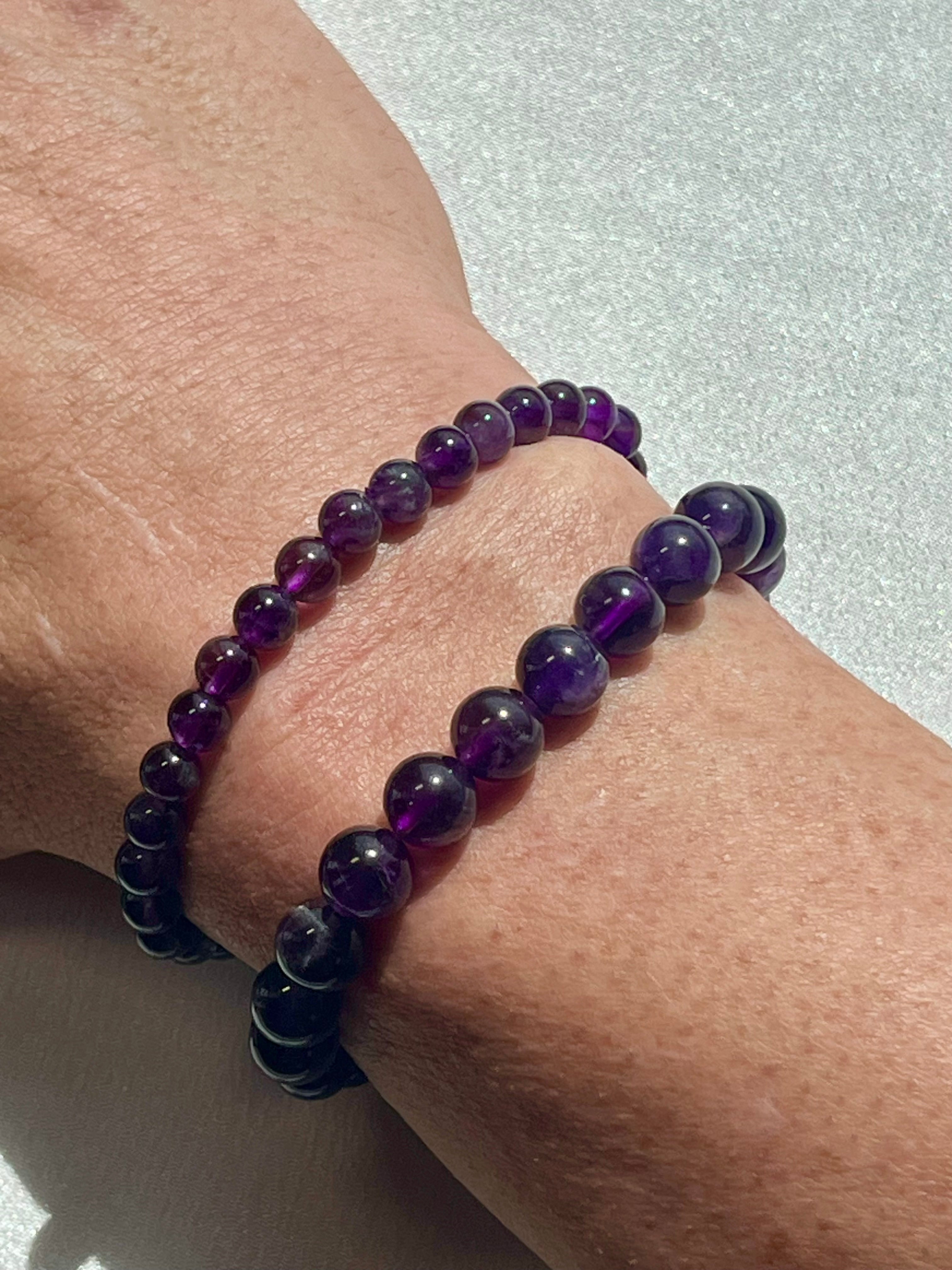 Amethyst (dark) smooth round 6mm, 8mm bead stretch bracelet; February birthstone