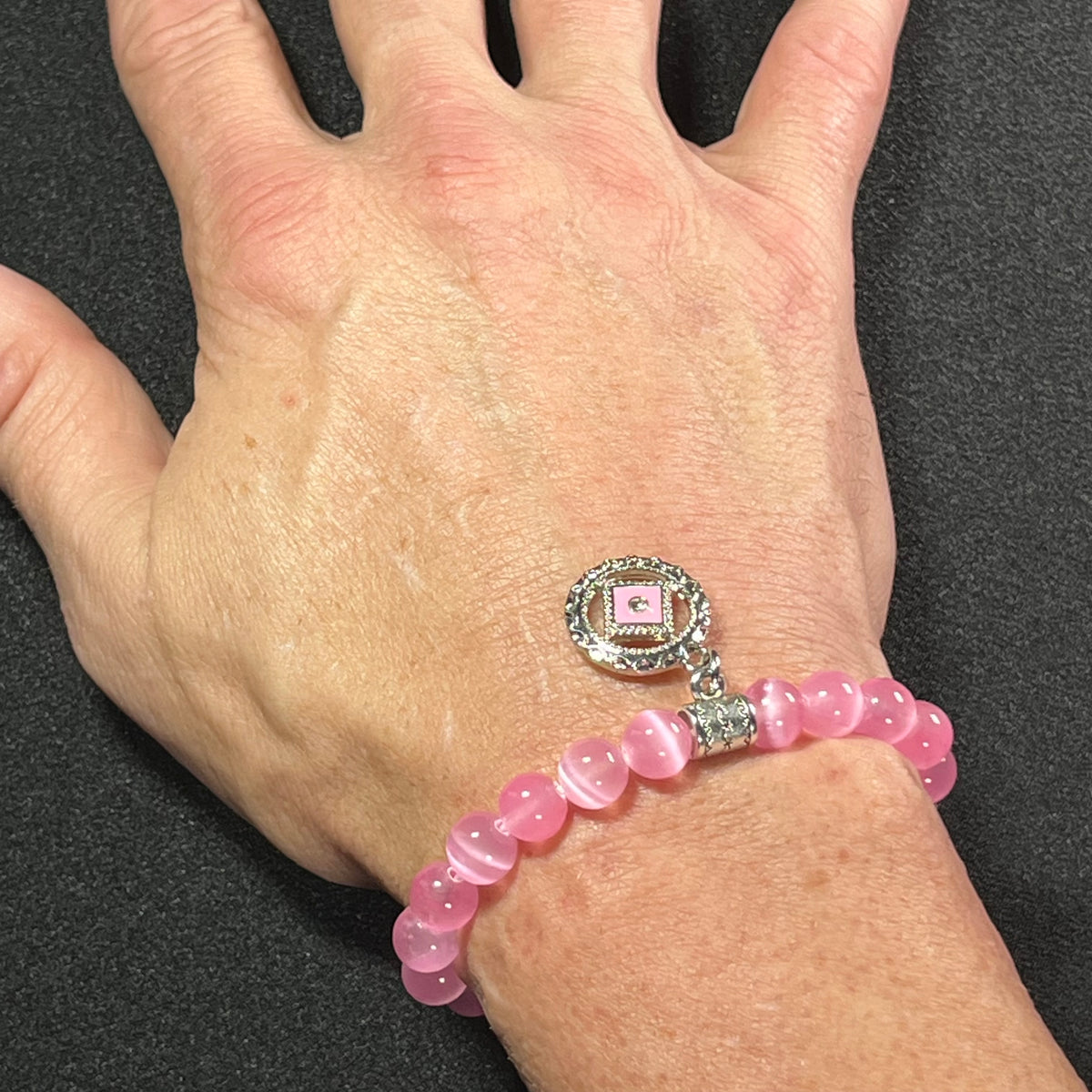 Pink Selenite smooth round 8mm bead w/ pink-in-silver Narcotics Anonymous symbol charm recovery bracelet