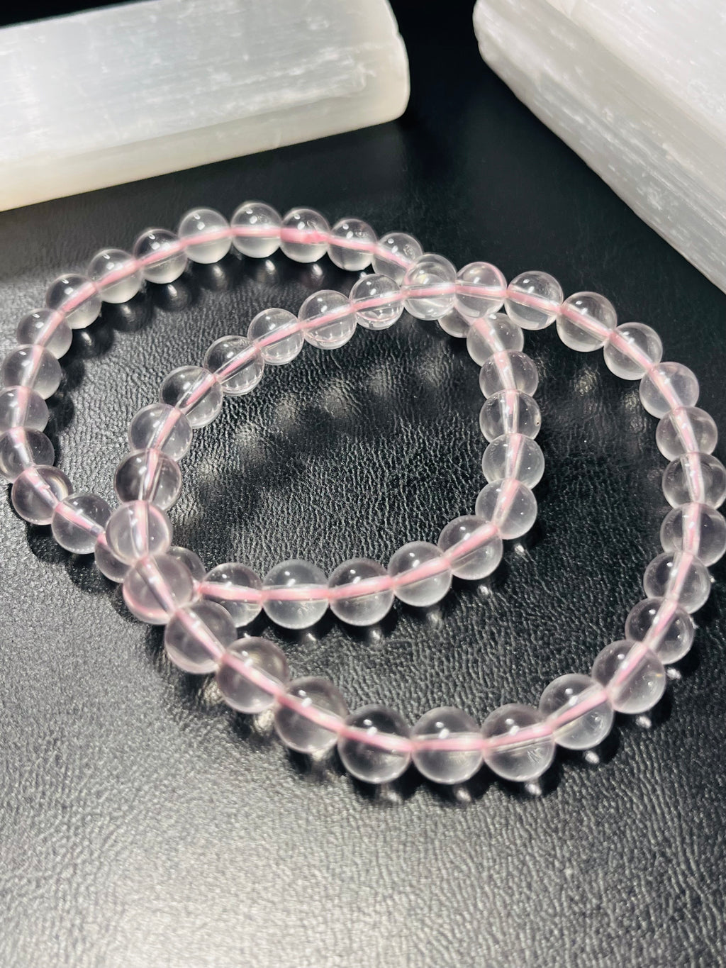 Light Pink Mozambique Rose Quartz smooth round 6.5mm bead stretch bracelet (AAA grade); October birthstone
