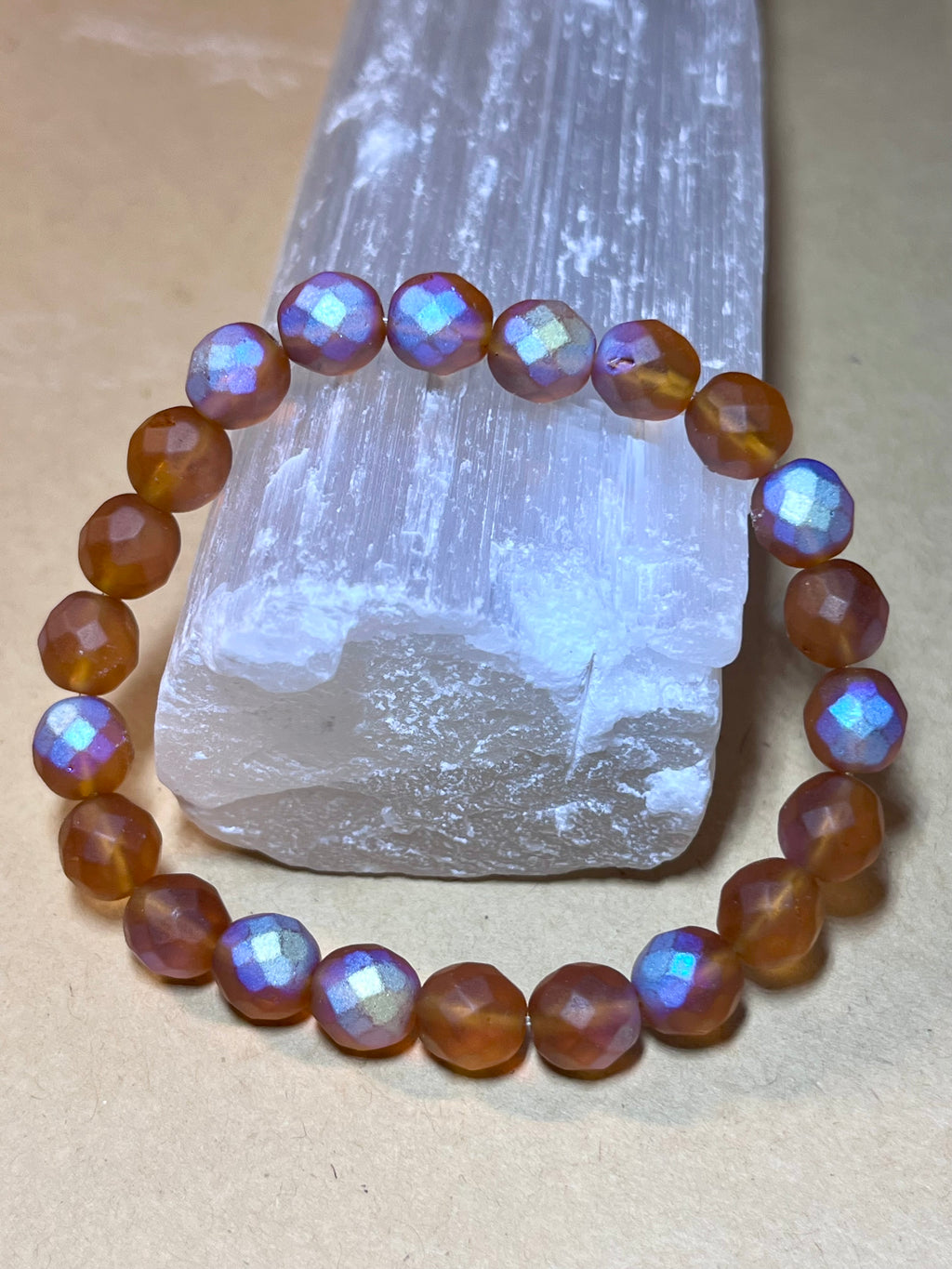 Czech Glass Matte Pumpkin AB Fire Polished faceted round 8mm bead stretch bracelet