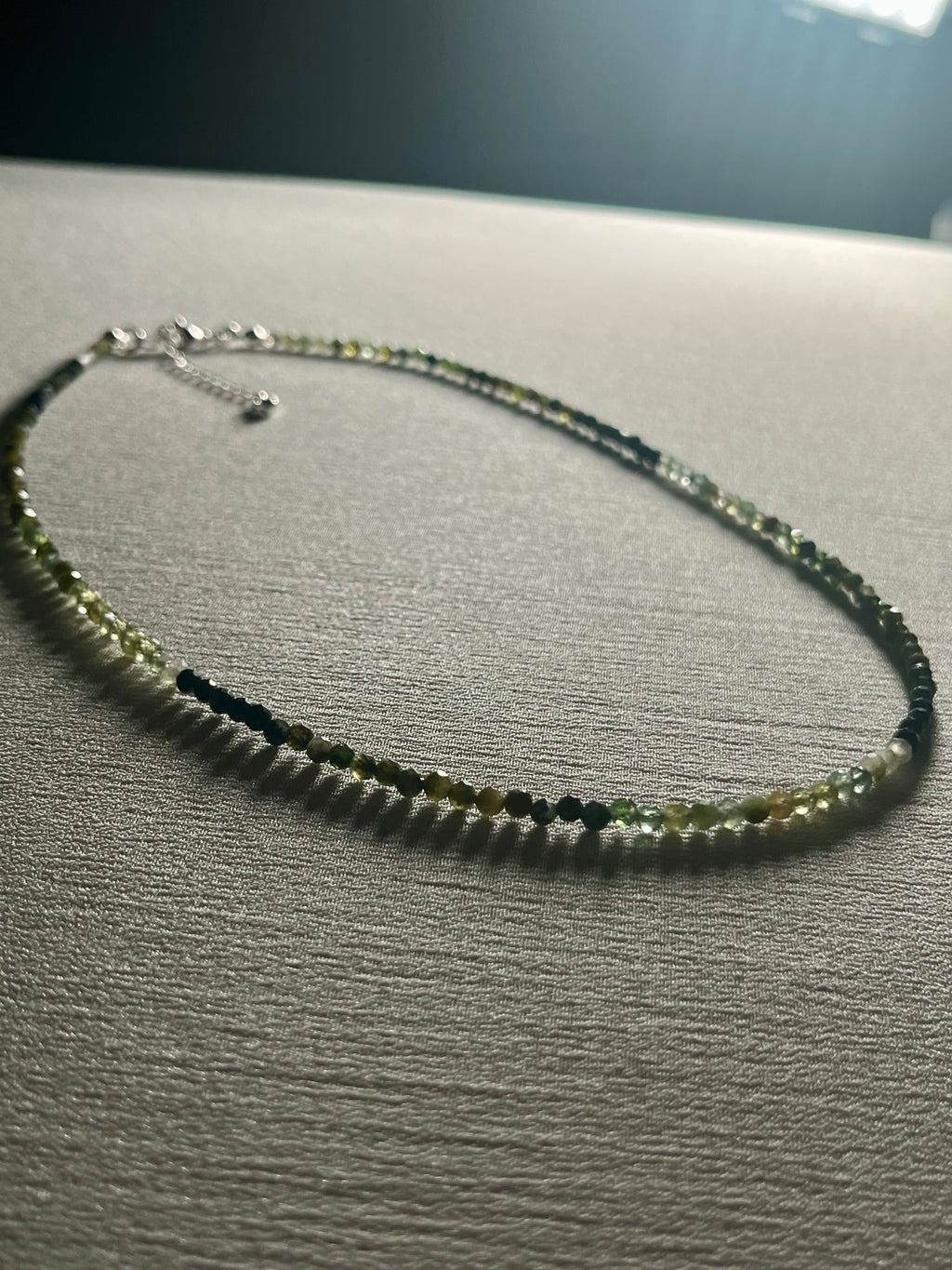 Green Tourmaline ombre-style microfaceted 3mm bead silver clasp adjustable necklace; October birthstone (Tourmaline)