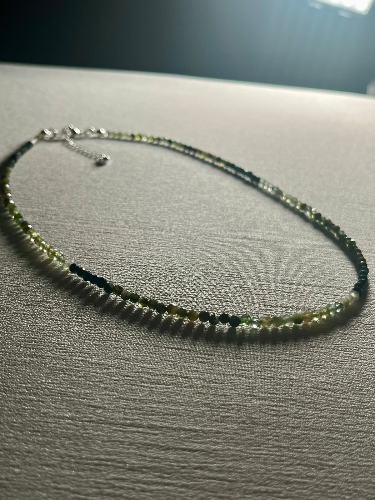 Green Tourmaline ombre-style microfaceted 3mm bead silver clasp adjustable necklace; October birthstone (Tourmaline)