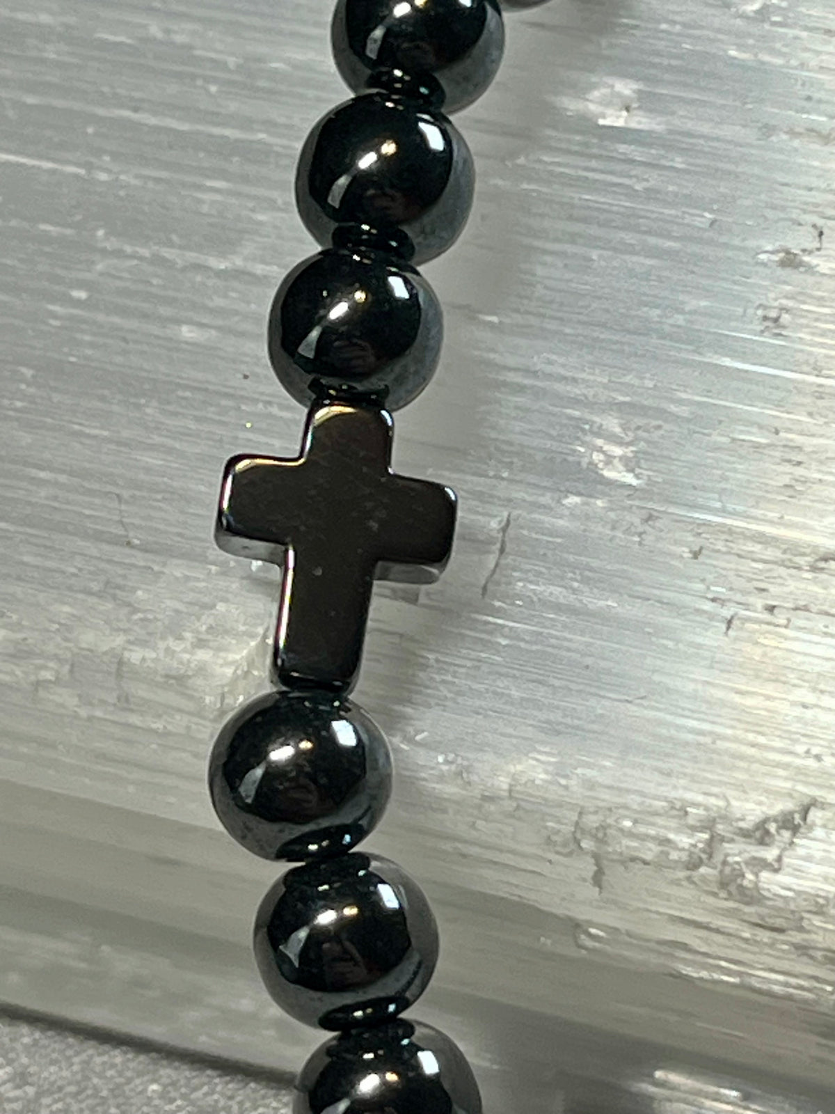 Hematite smooth round 4mm and 6mm bead stretch bracelets w/ Hematite Christian cross focal beads