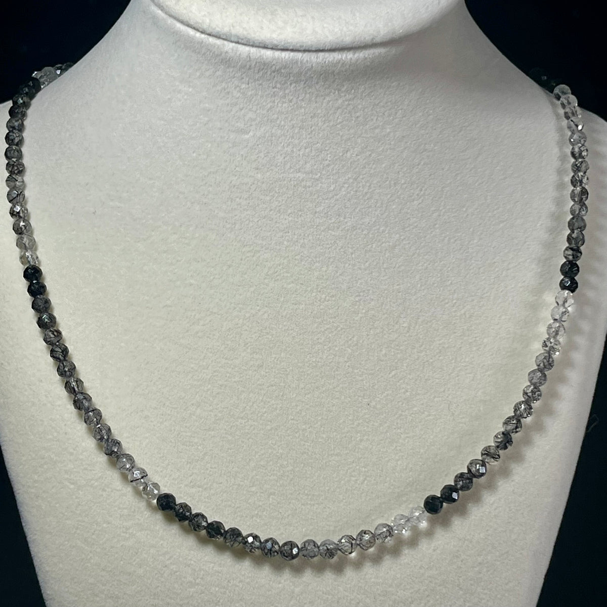 Black Tourmalated Quartz gradient color microfaceted round 4.5mm bead 22” adjustable necklace w/ silver clasp & chain