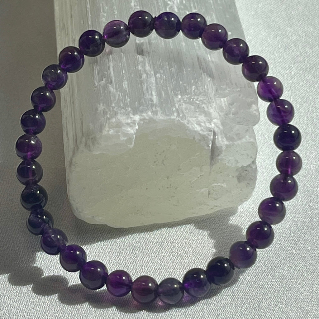 Amethyst (dark) smooth round 6mm, 8mm bead stretch bracelet; February birthstone
