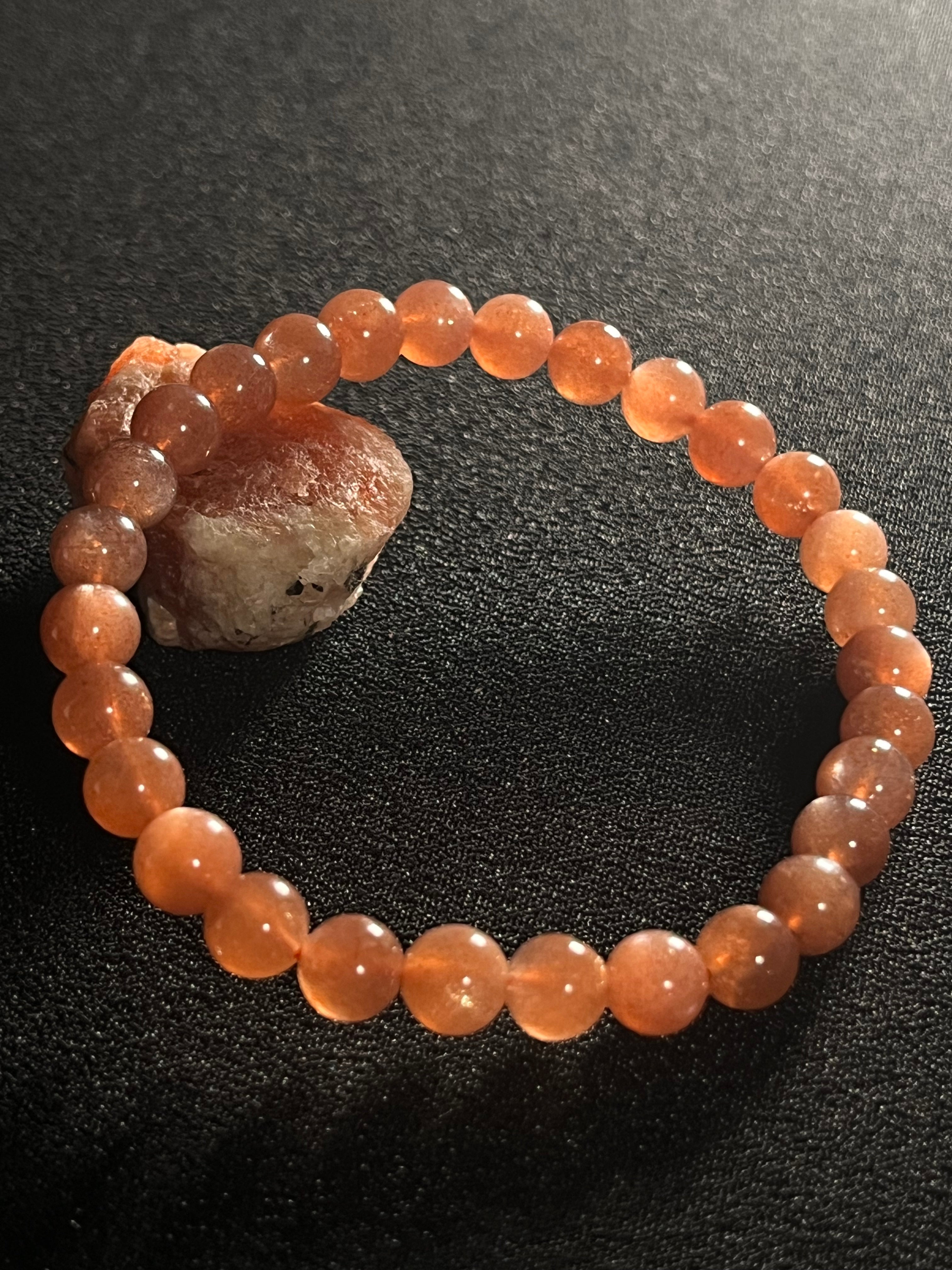 Sunstone smooth round 6mm bead w/ Moonstone adularescence flash stretch bracelet (AAA grade)
