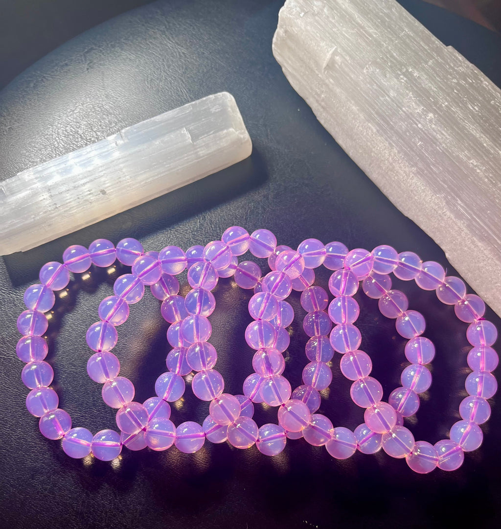 Plum Pink Opalite smooth round 10mm bead stretch bracelet (synthetic)