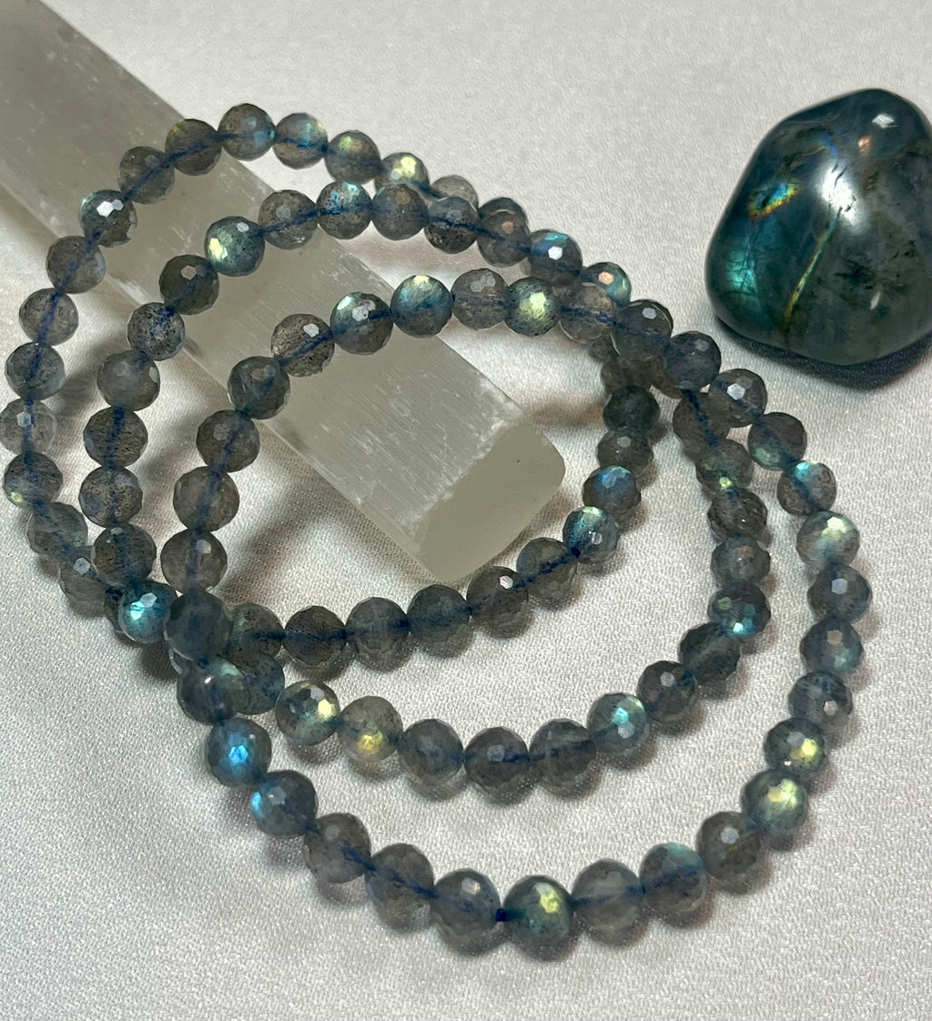 Premium Labradorite sparkly faceted round 6mm bead stretch bracelet w/ strong flash every bead