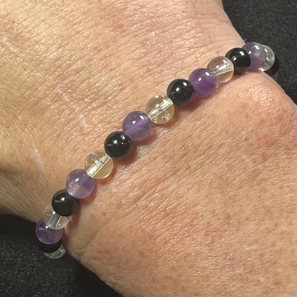 Amethyst, Black Tourmaline, & Rock Crystal Quartz smooth round 6mm bead stretch bracelet