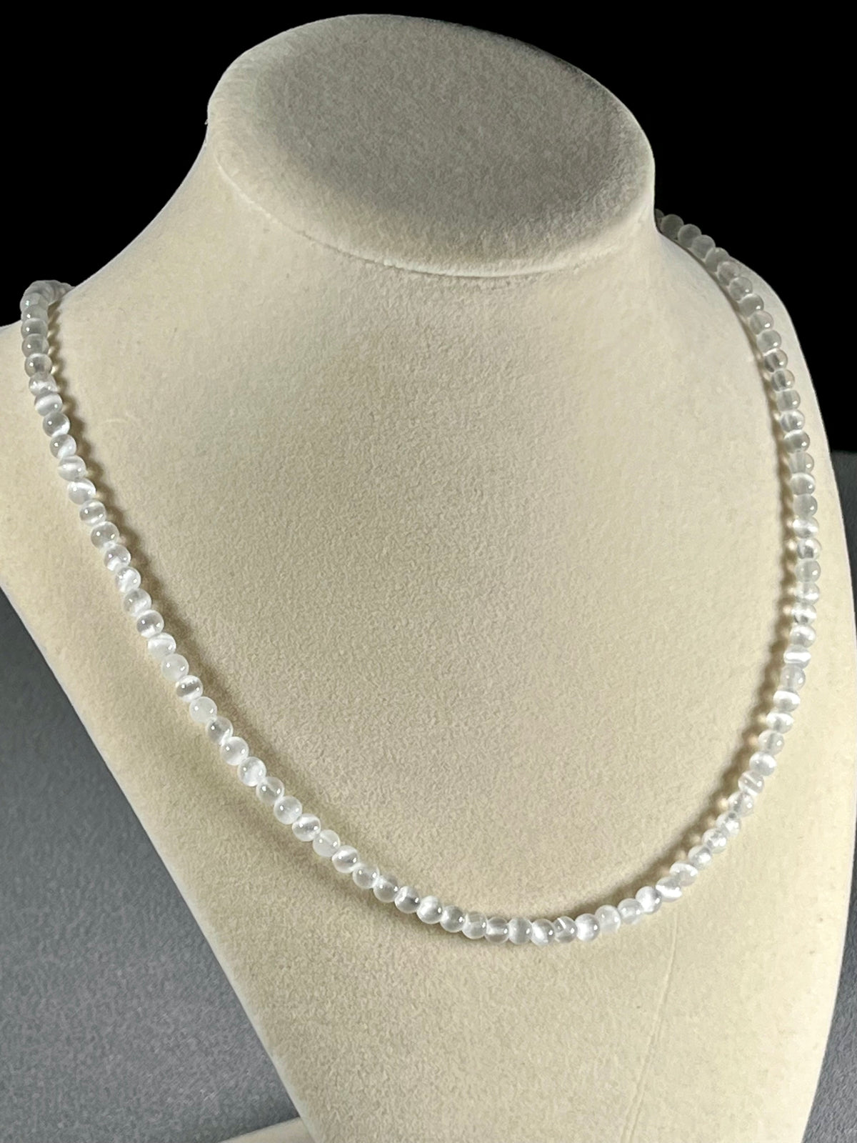 Selenite smooth round 4mm bead silver clasp & extension chain 22” adjustable necklace