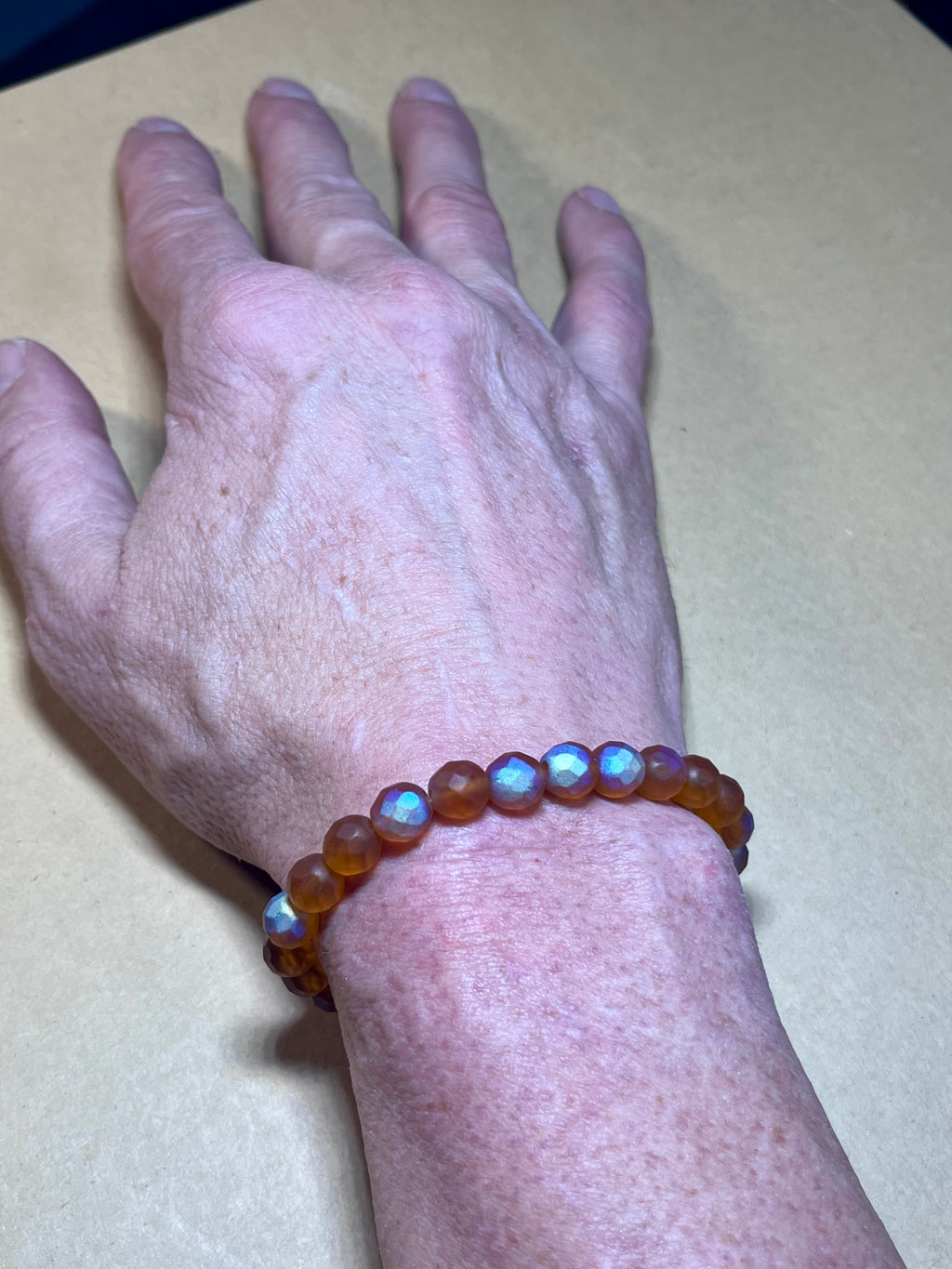 Czech Glass Matte Pumpkin AB Fire Polished faceted round 8mm bead stretch bracelet