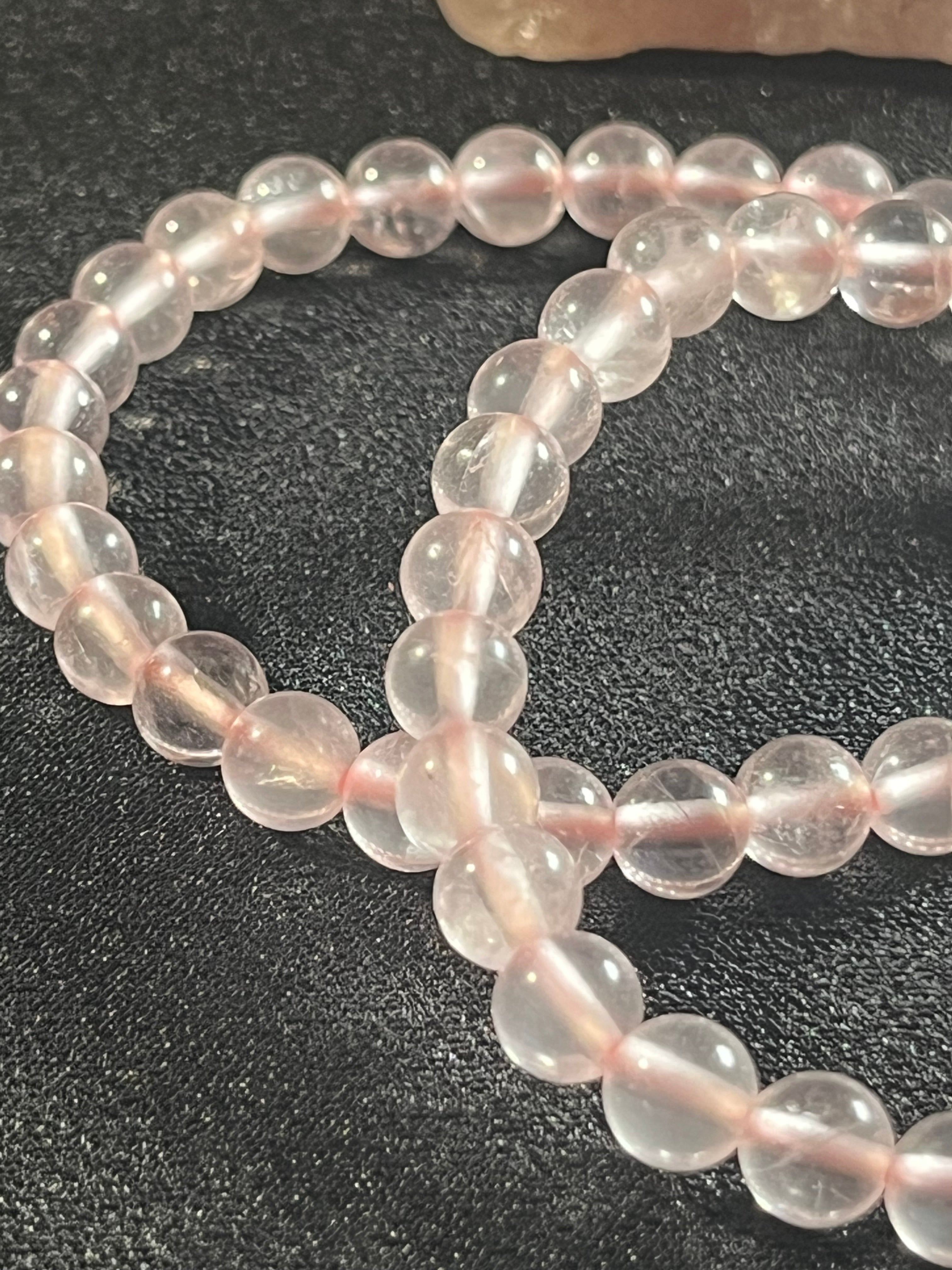 Icy Pink Rose Quartz smooth round 6mm and 8mm bead stretch bracelet; October birthstone