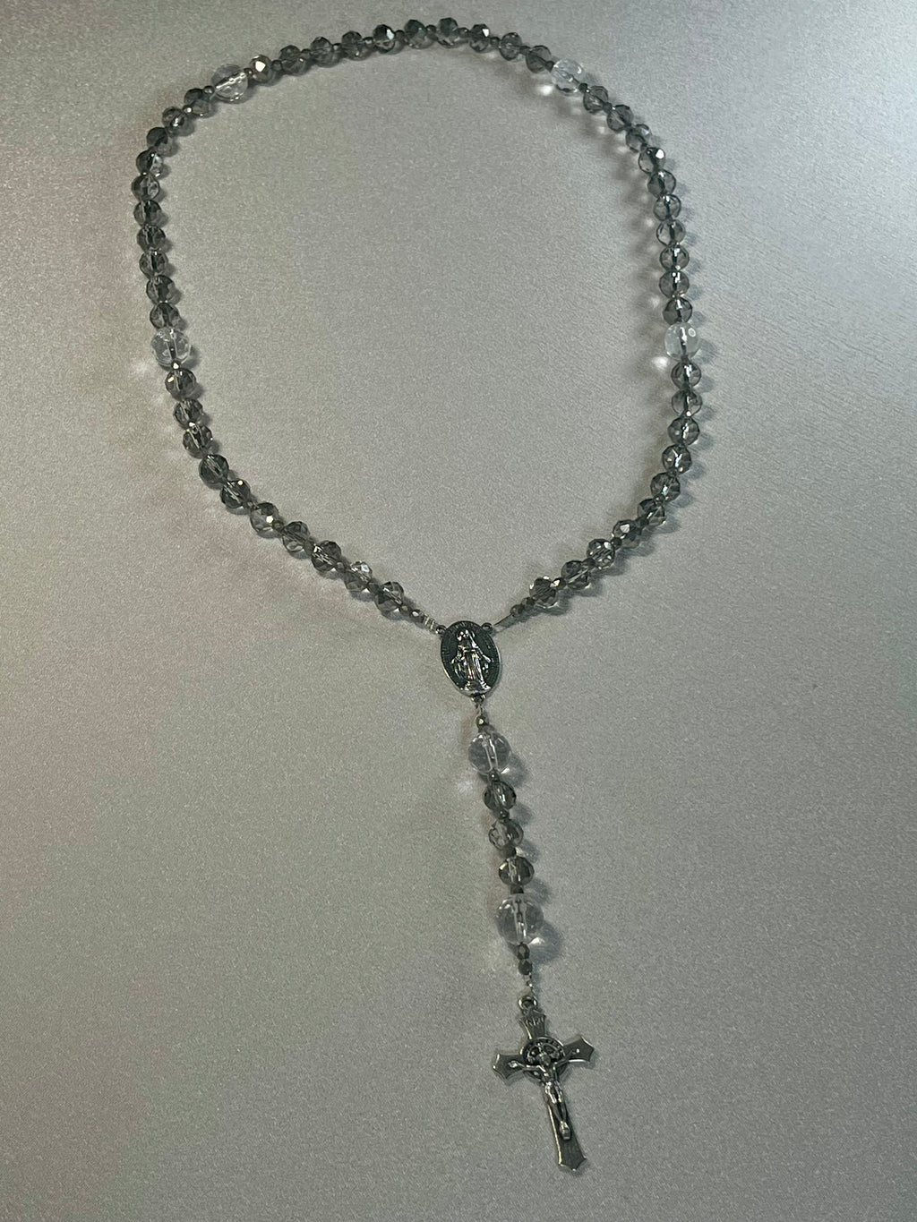 Catholic Rosary - Czech Glass Silver Champagne faceted 8mm rondelles Hail Mary beads w/ Clear Crystal Quartz 10mm Our Father beads