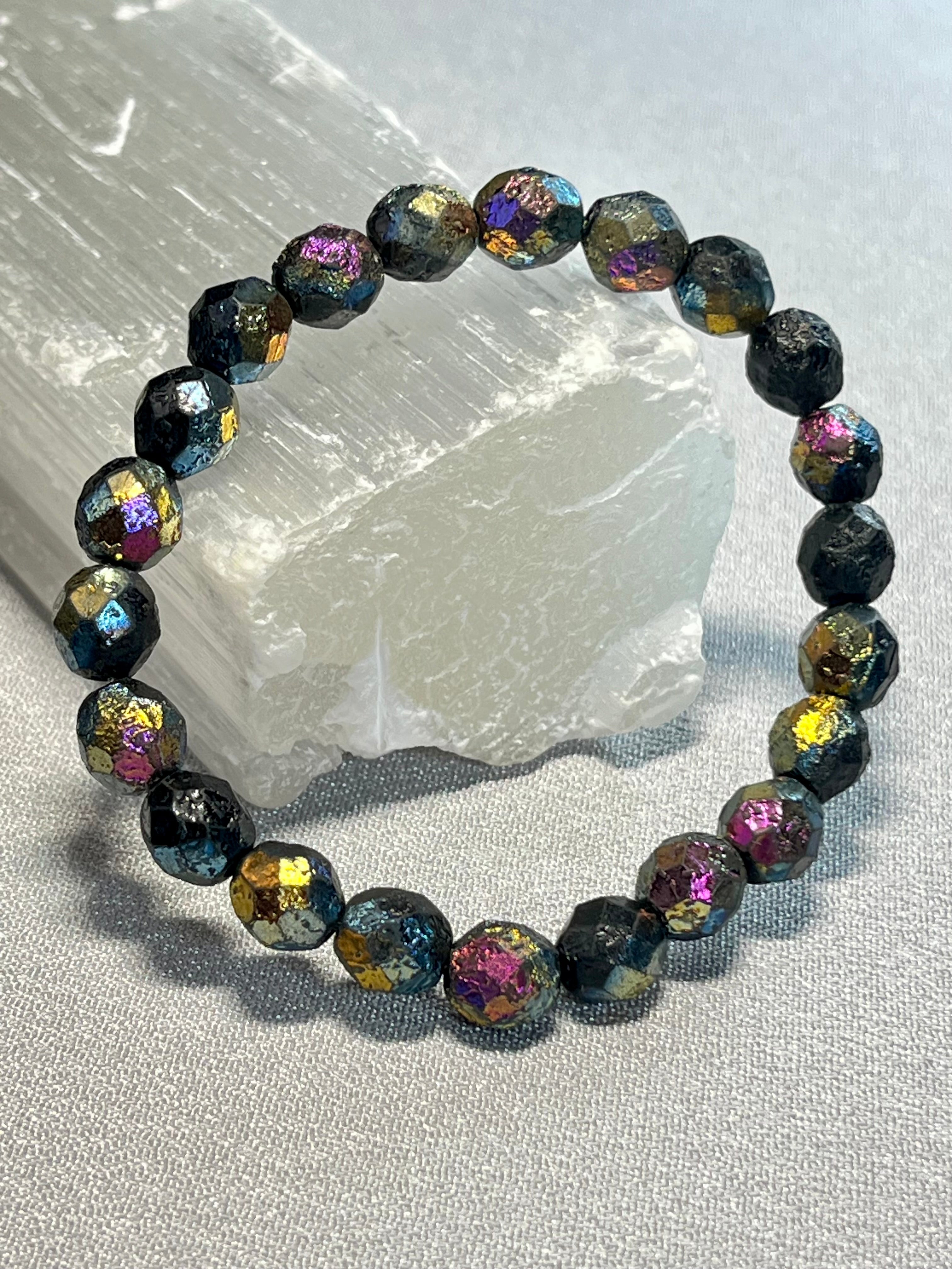 Czech Glass matte textured Jet Black Rainbow AB Fire Polished round 8mm bead stretch bracelet