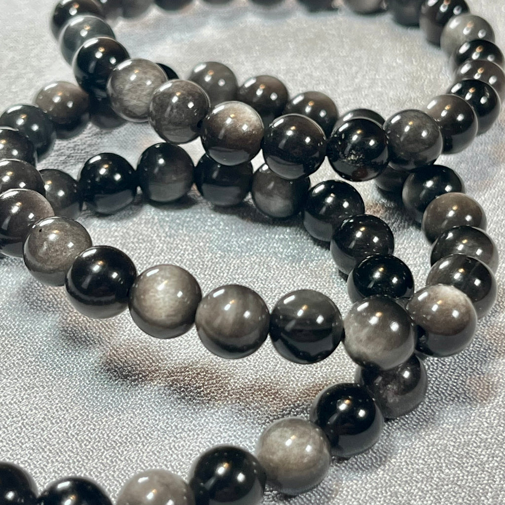 Silver Sheen Obsidian smooth round 8mm bead stretch bracelet