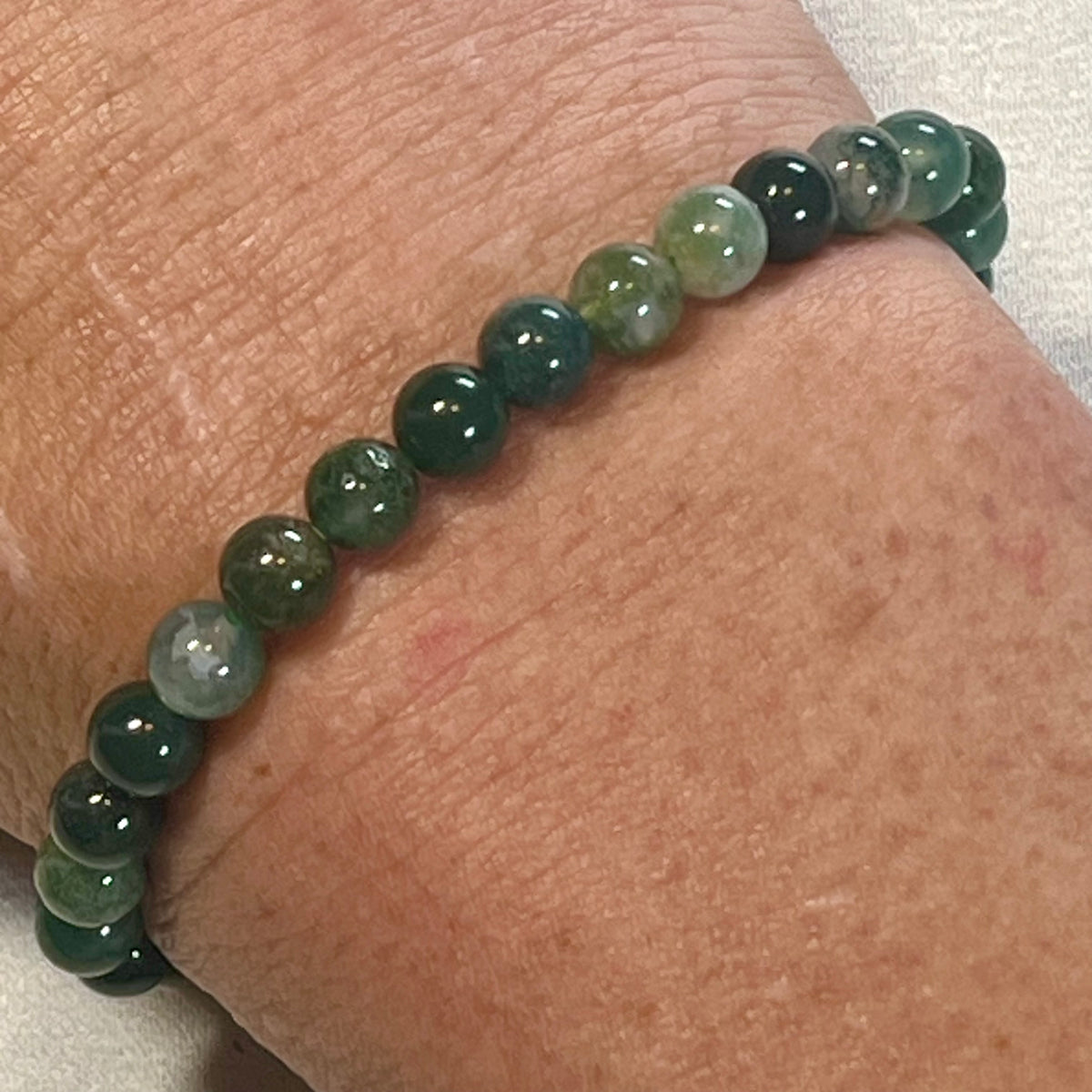 Moss Agate smooth round 4mm, 6.5mm and 8.5mm bead stretch bracelet
