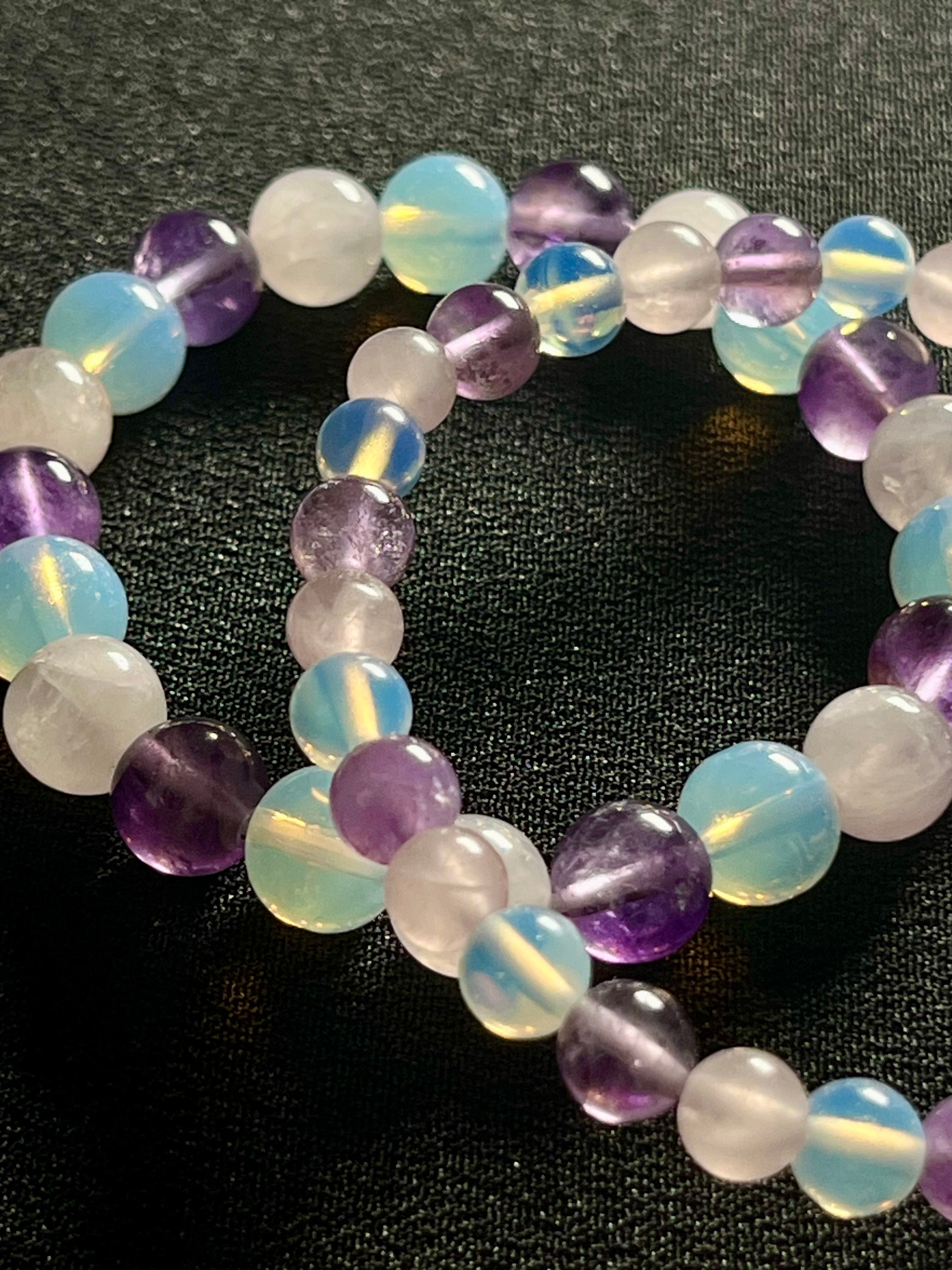 Rose Quartz, Amethyst, Opalite smooth round 6mm and 8mm bead stretch bracelet