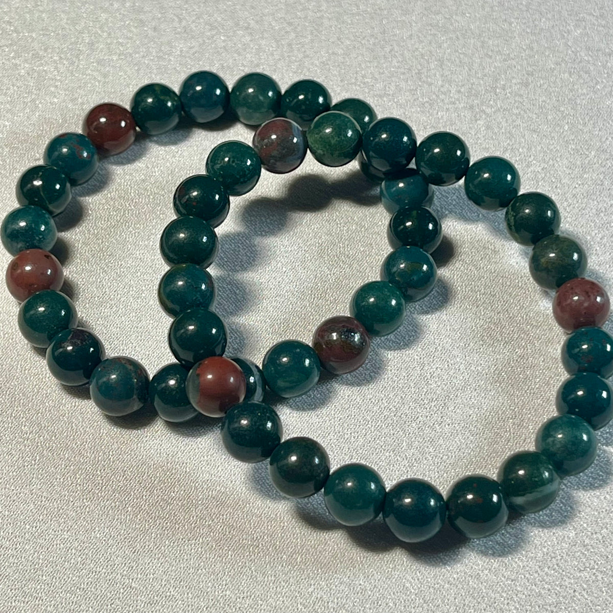 Bloodstone (Heliotrope) smooth round 6mm and 8mm bead stretch bracelet; alternative March birthstone